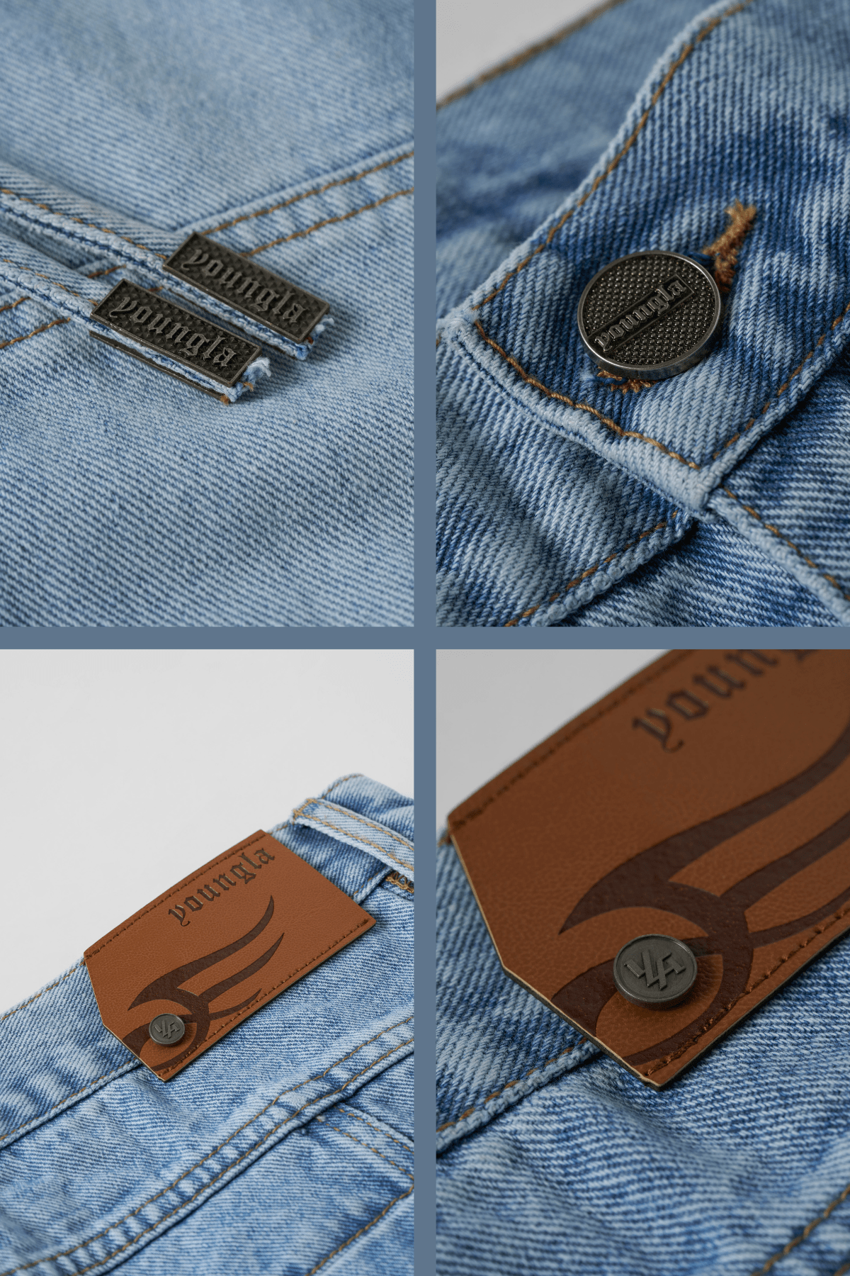 Close-up of the cargo pockets on stylish stacked jeans for men.
