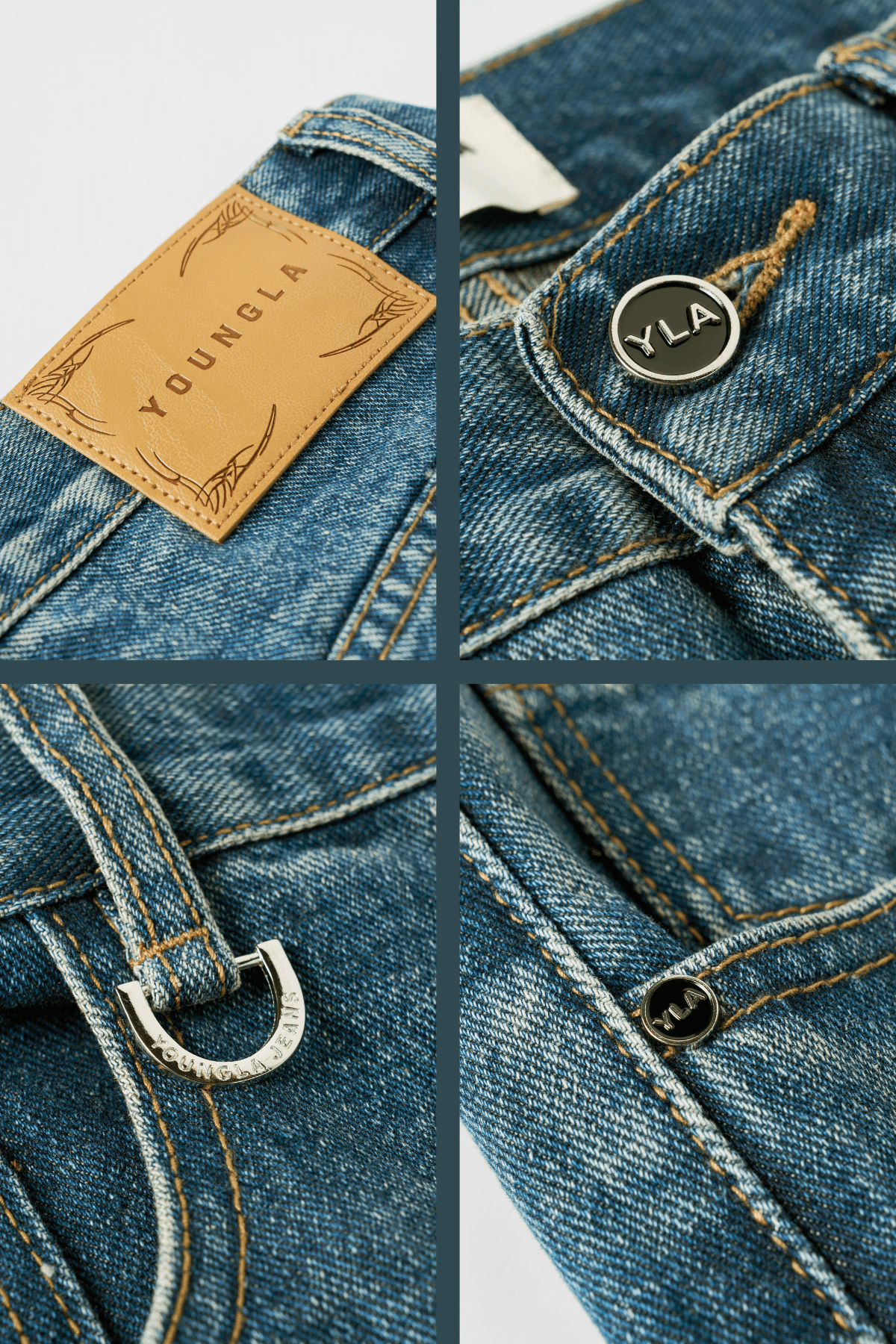 Close-up of distressed detailing on mens loose jeans