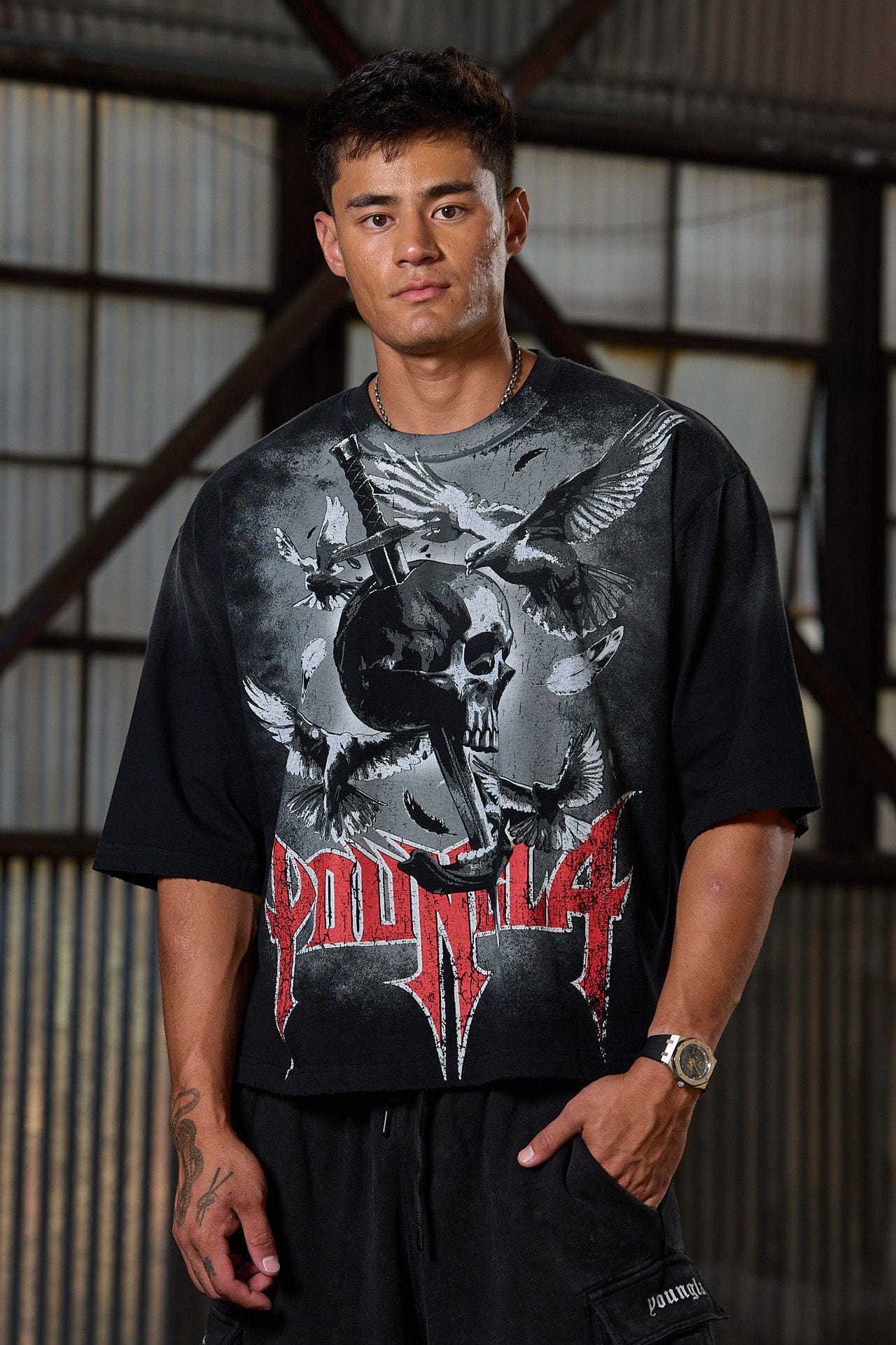 Front view of an art-inspired graphic tee in a boxy fit.