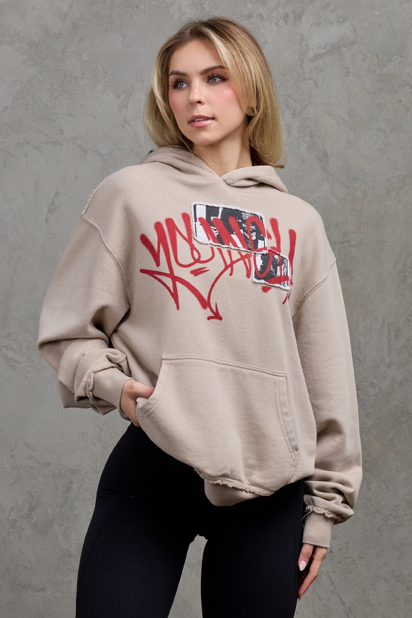 Close-up of cotton terry fabric and vibrant hoodie print
