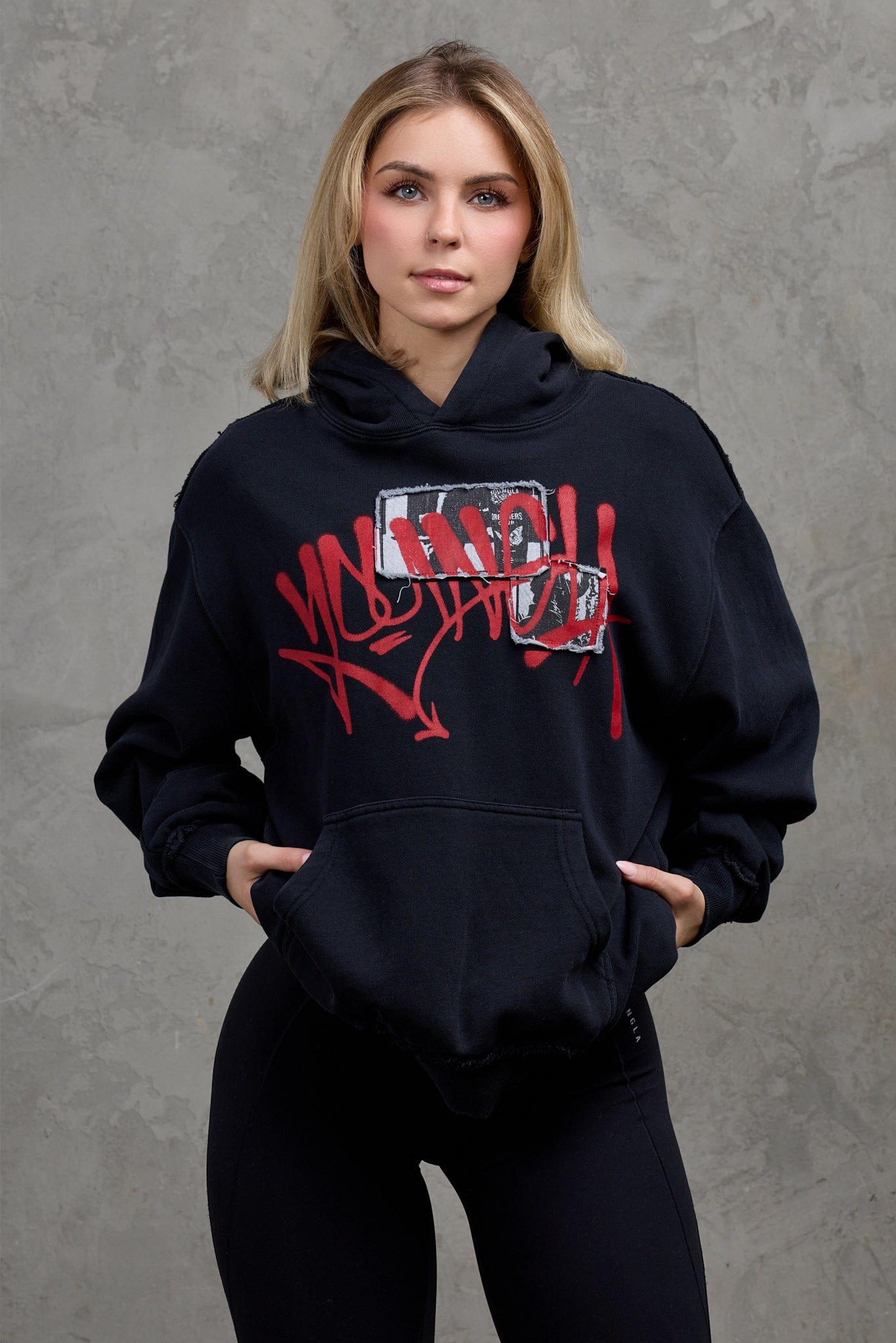 Close-up of cotton terry fabric and vibrant hoodie print