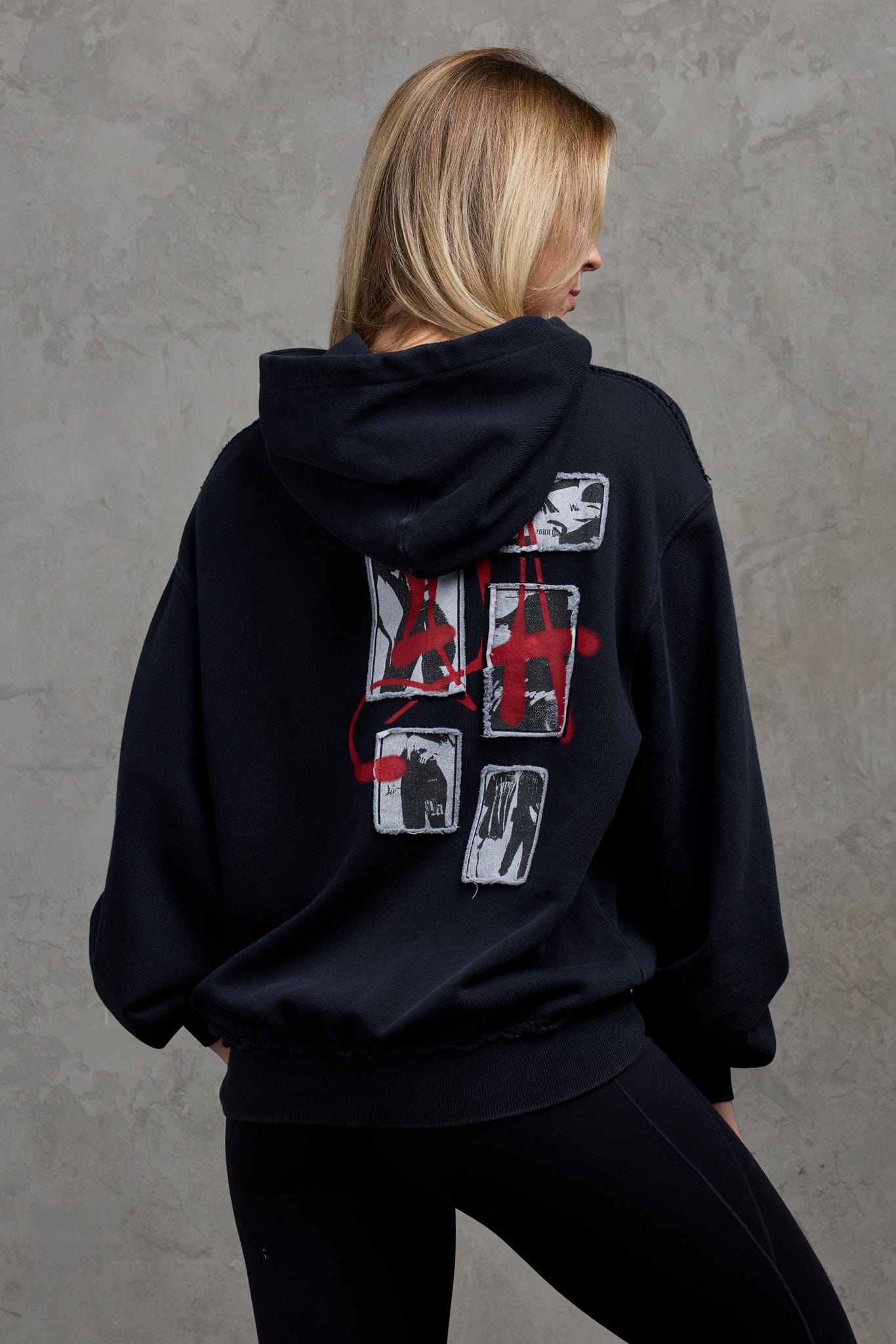 Close-up of cotton terry fabric and vibrant hoodie print