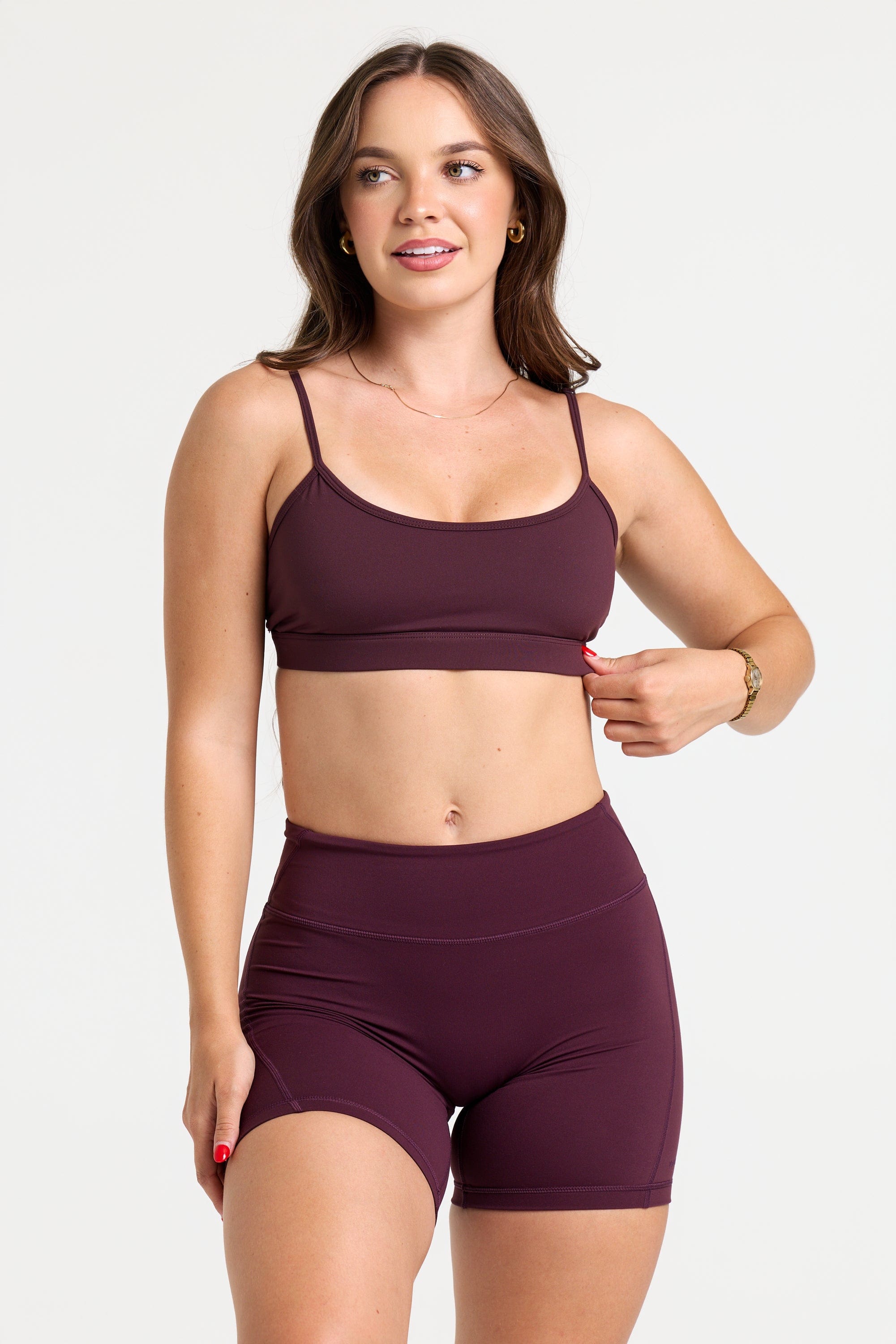 Close-up of the Legacy Sports Bra with adjustable straps and minimal design for active women