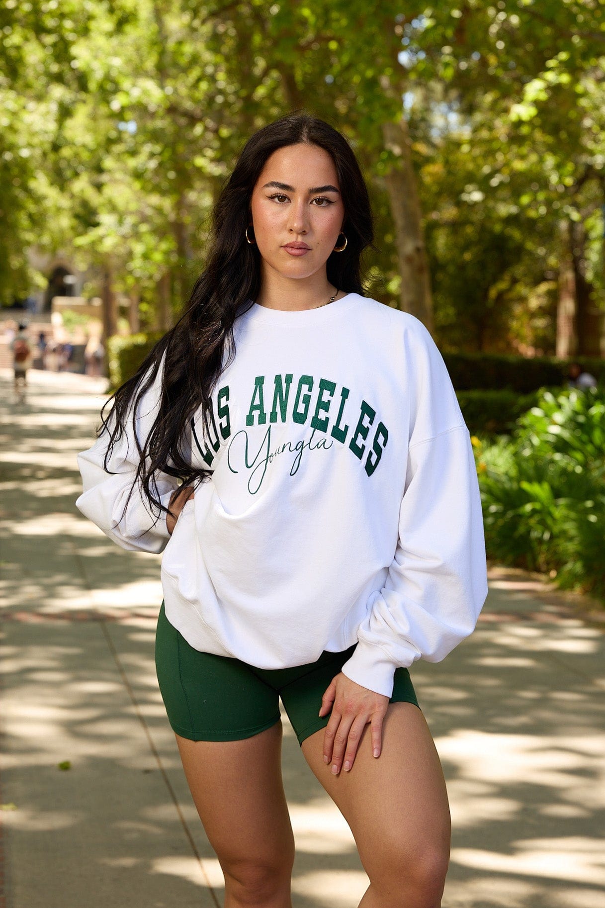 Close-up of the varsity crewneck’s soft fleece texture