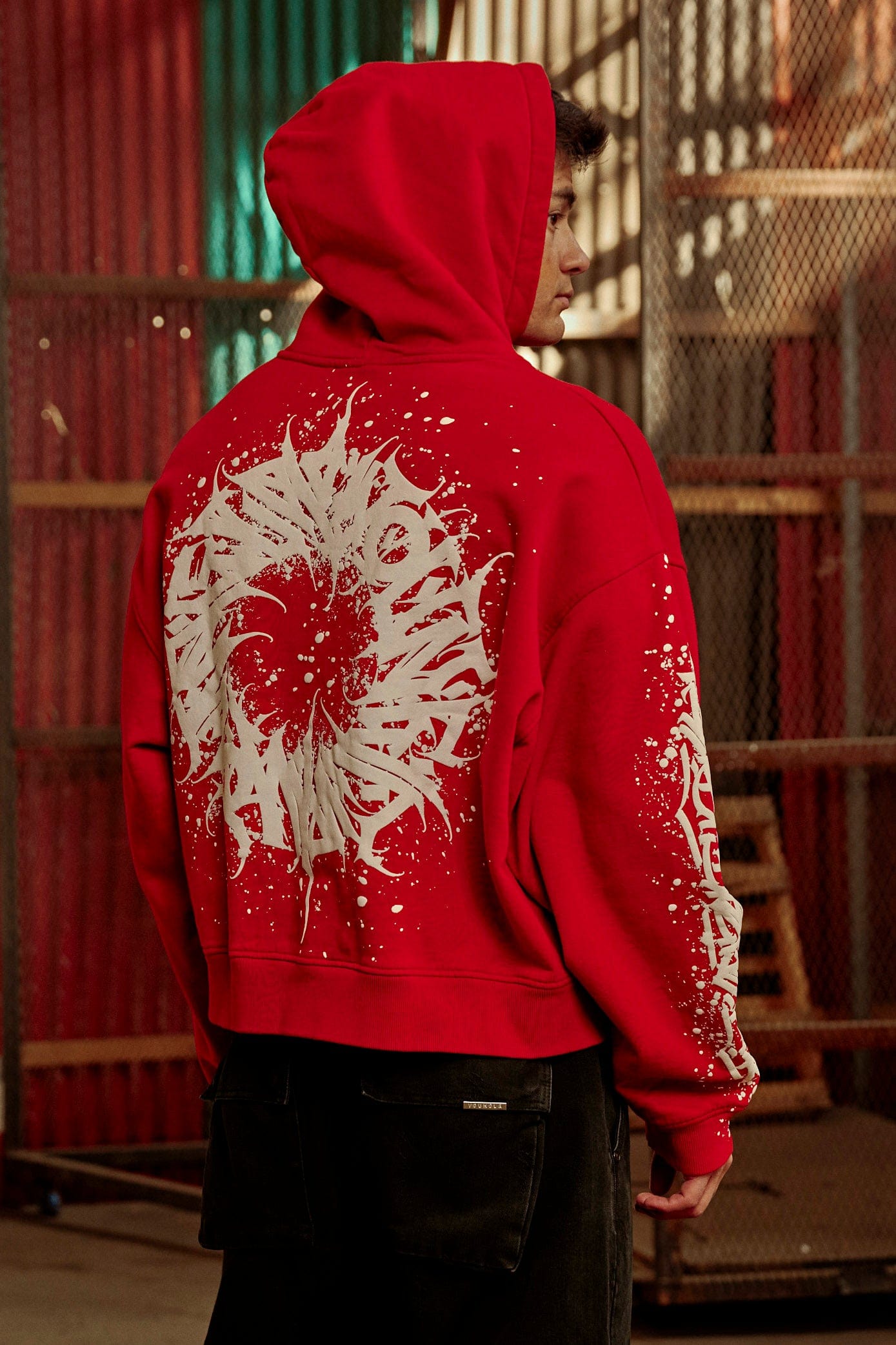 Model wearing the Cyclone hoodie, demonstrating its loose and boxy fit.