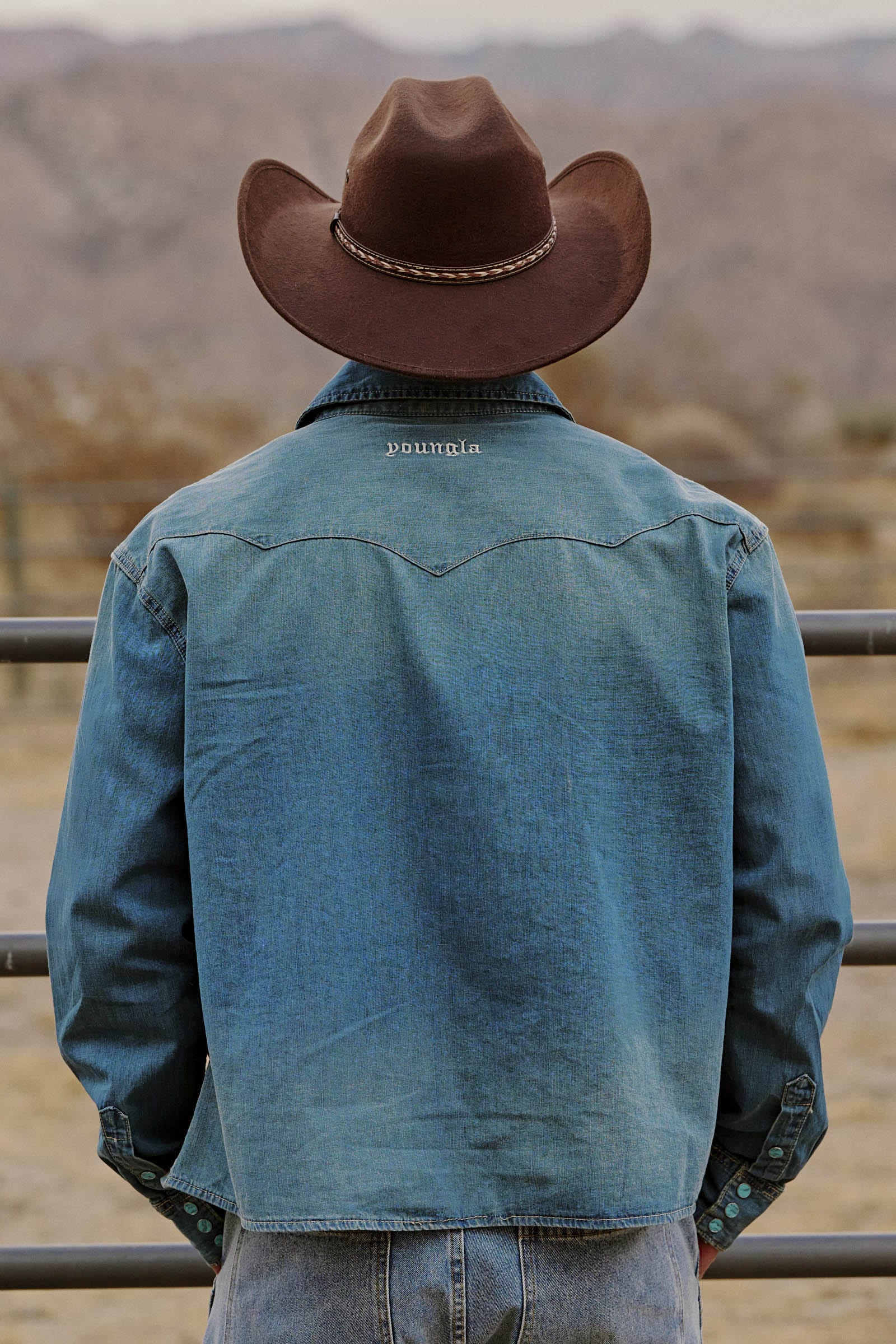 Front view of the classic western denim shirt for men.