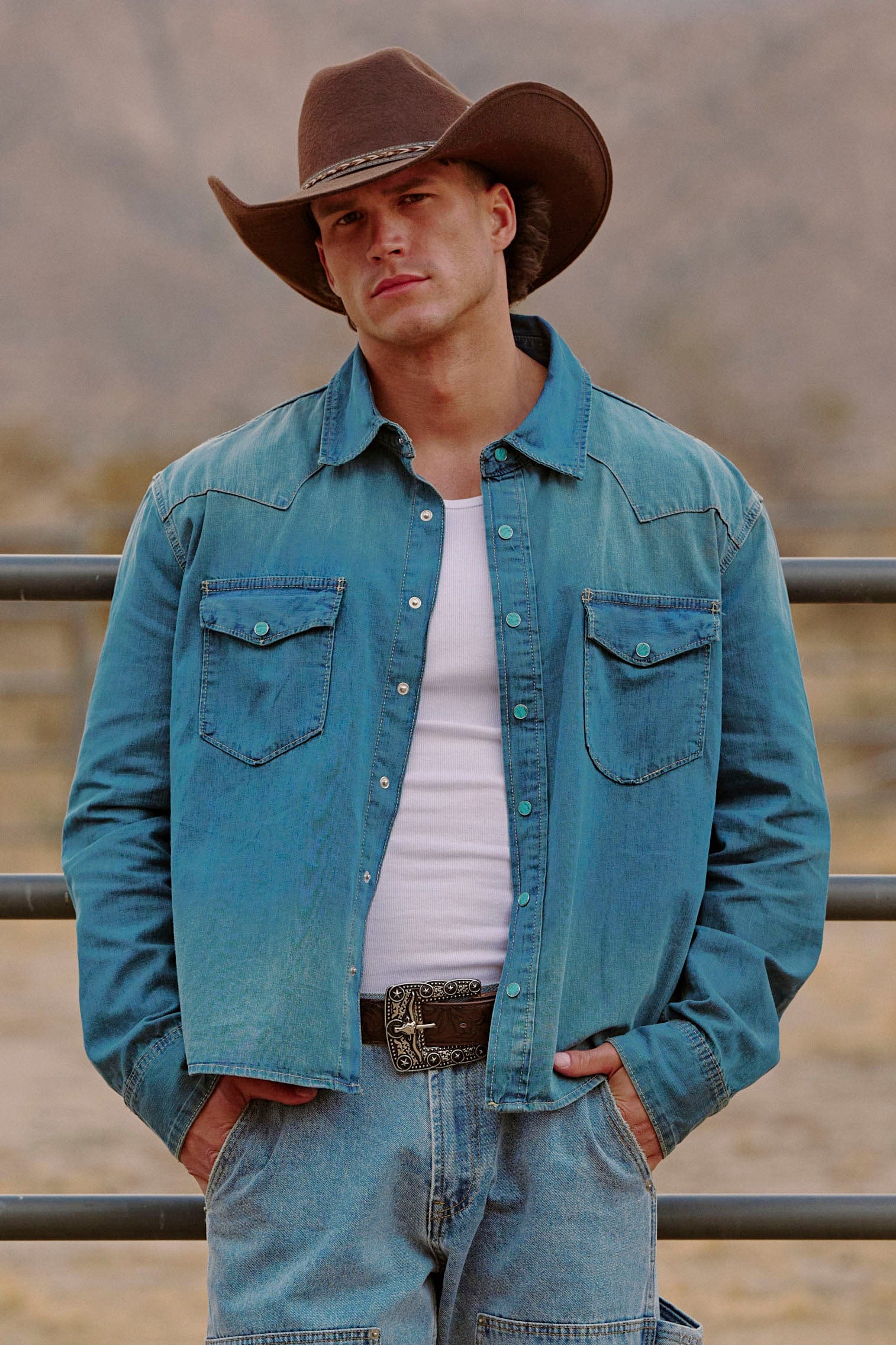 Front view of the classic western denim shirt for men.