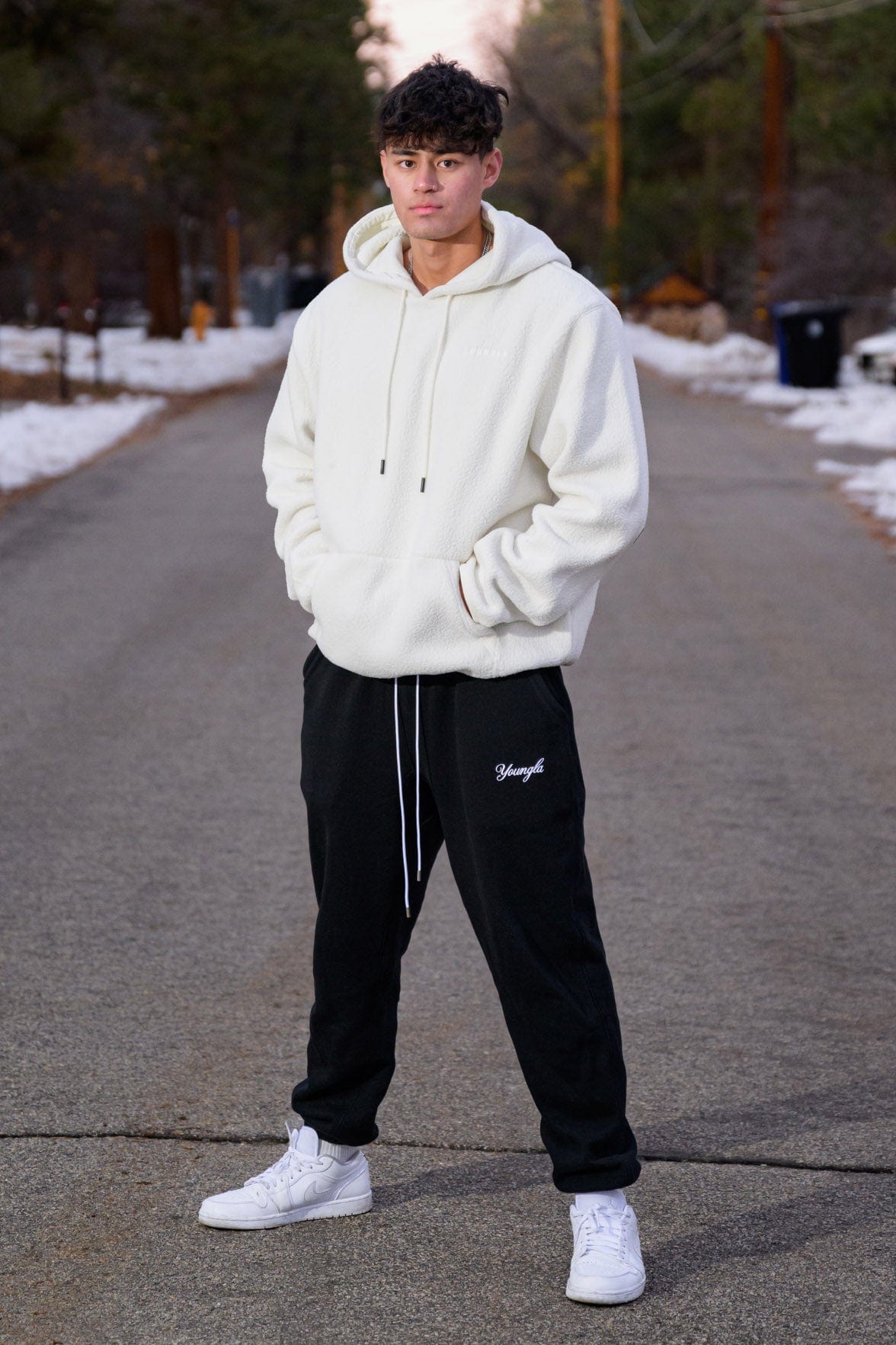 Close-up of mens cotton joggers showing cargo pocket detail