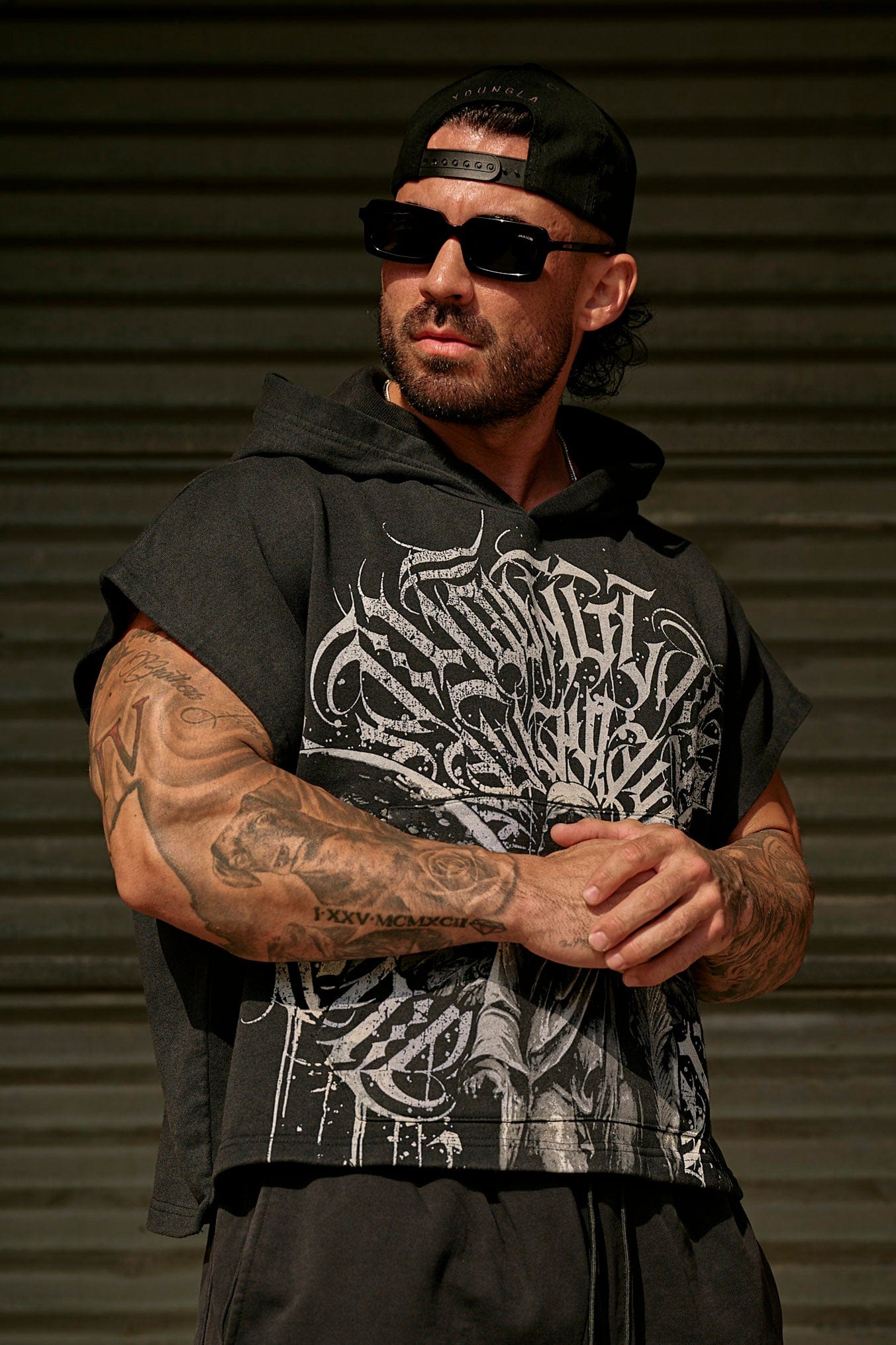 Model showcasing loose fit and raw-edge sleeves