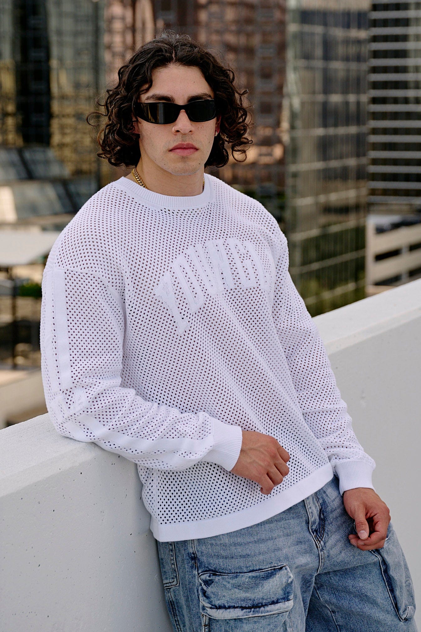 Front view of YoungLA 99 Knit Long Sleeve T-Shirt showcasing its open-knit design.