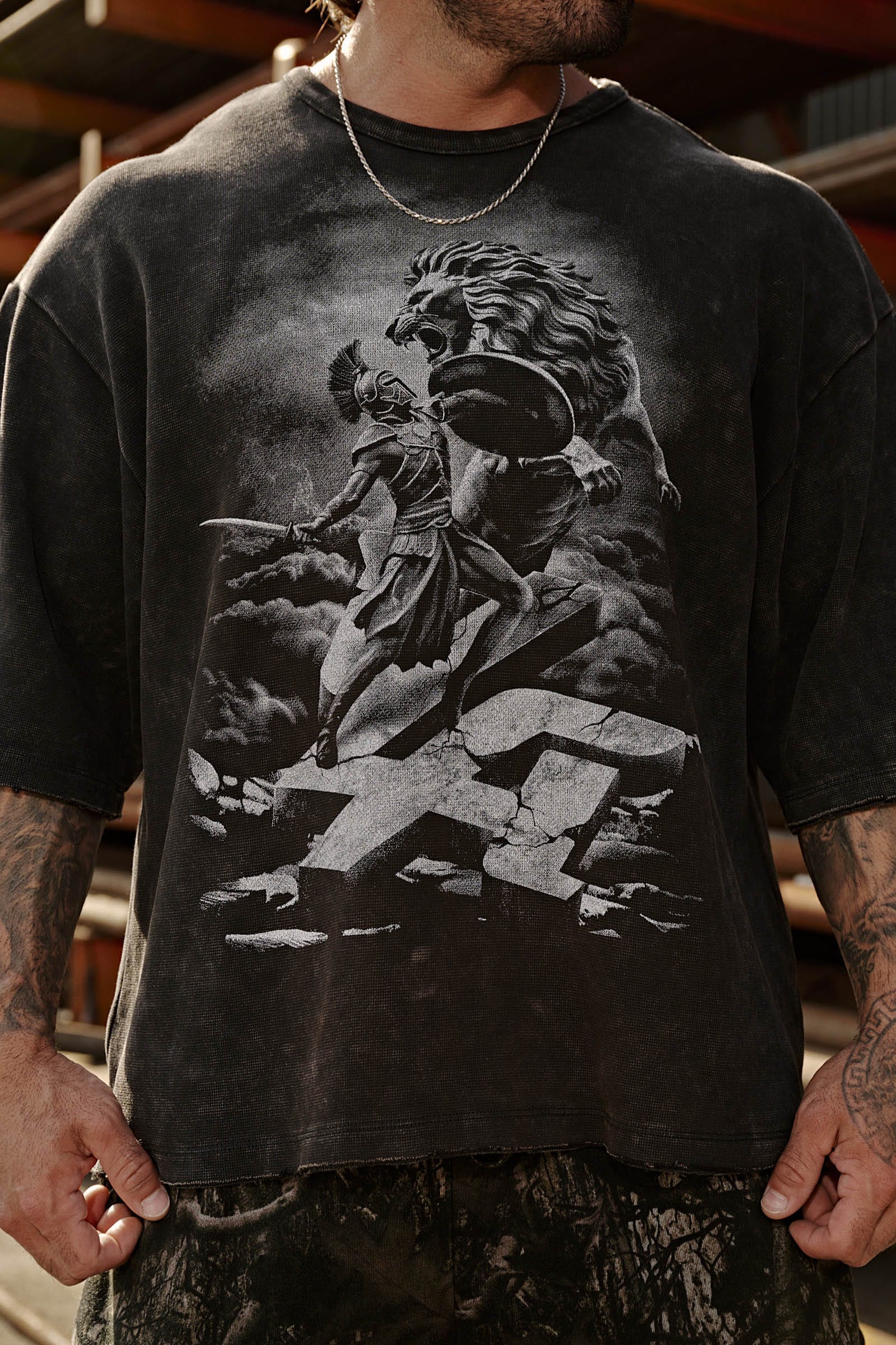 Close-up of graphic t-shirt detail on heavyweight cotton