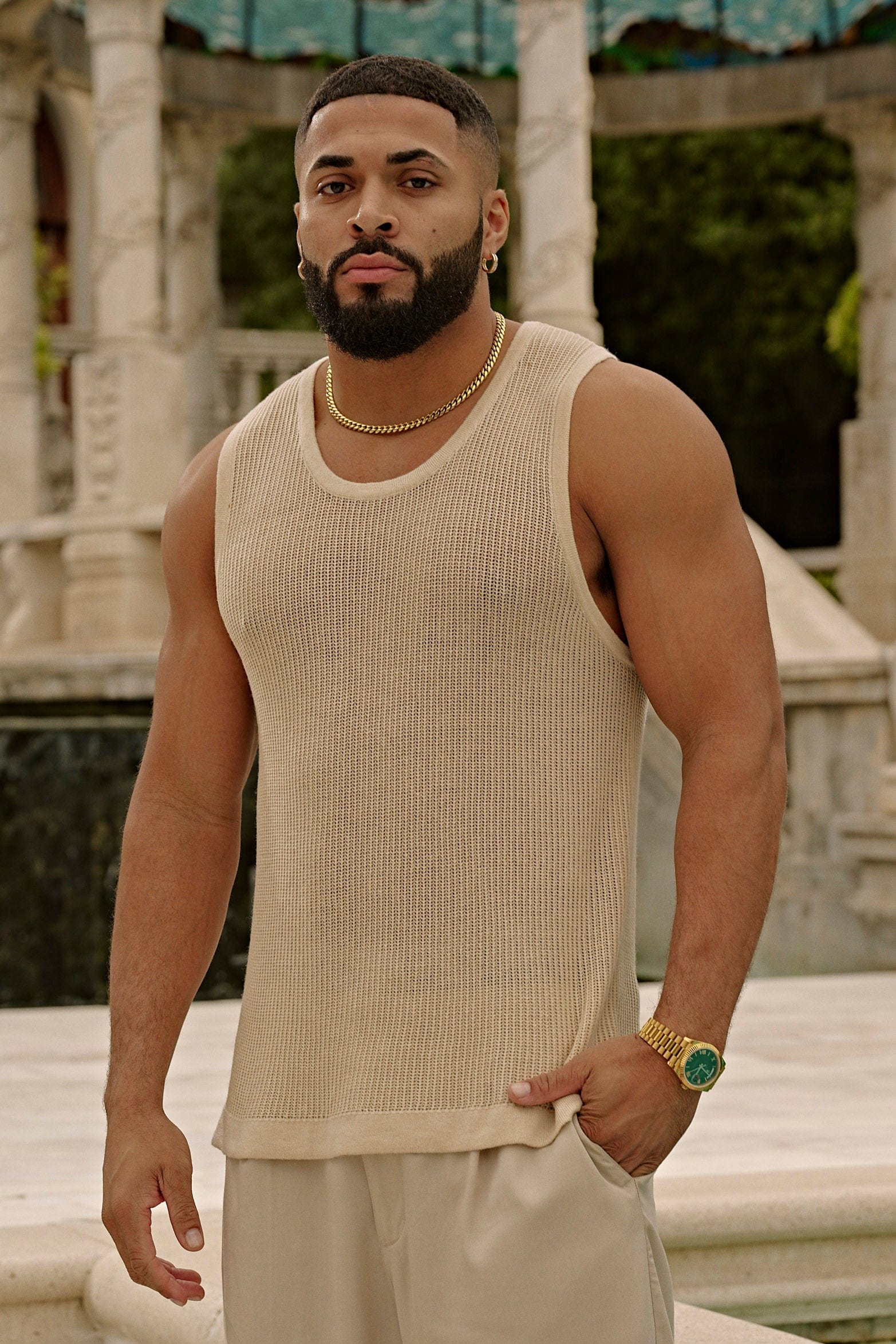 Close-up of the crochet tank top fabric showing its breathable weave