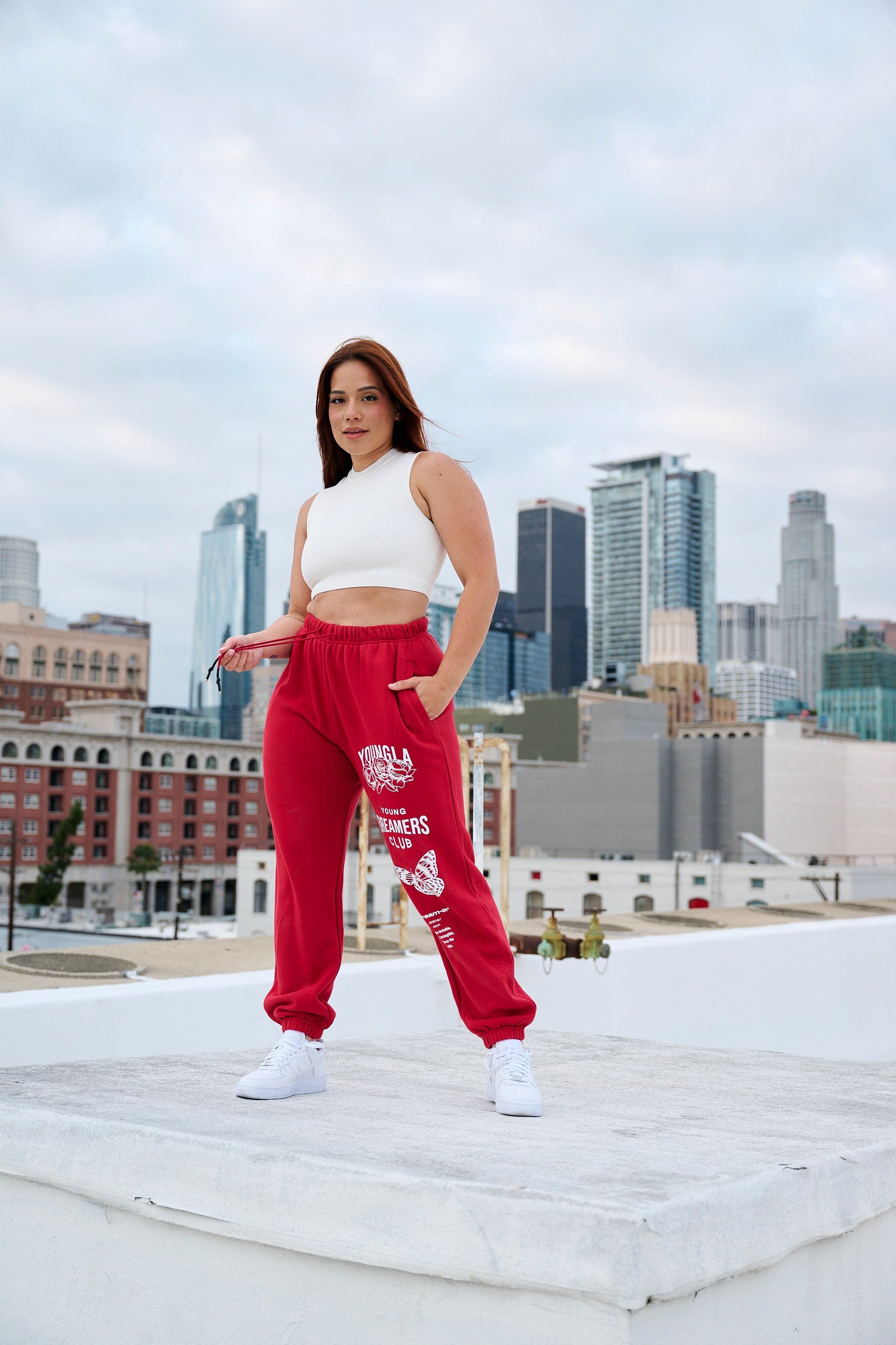 Front view of model in organic cotton joggers, perfect for athleisure wear.