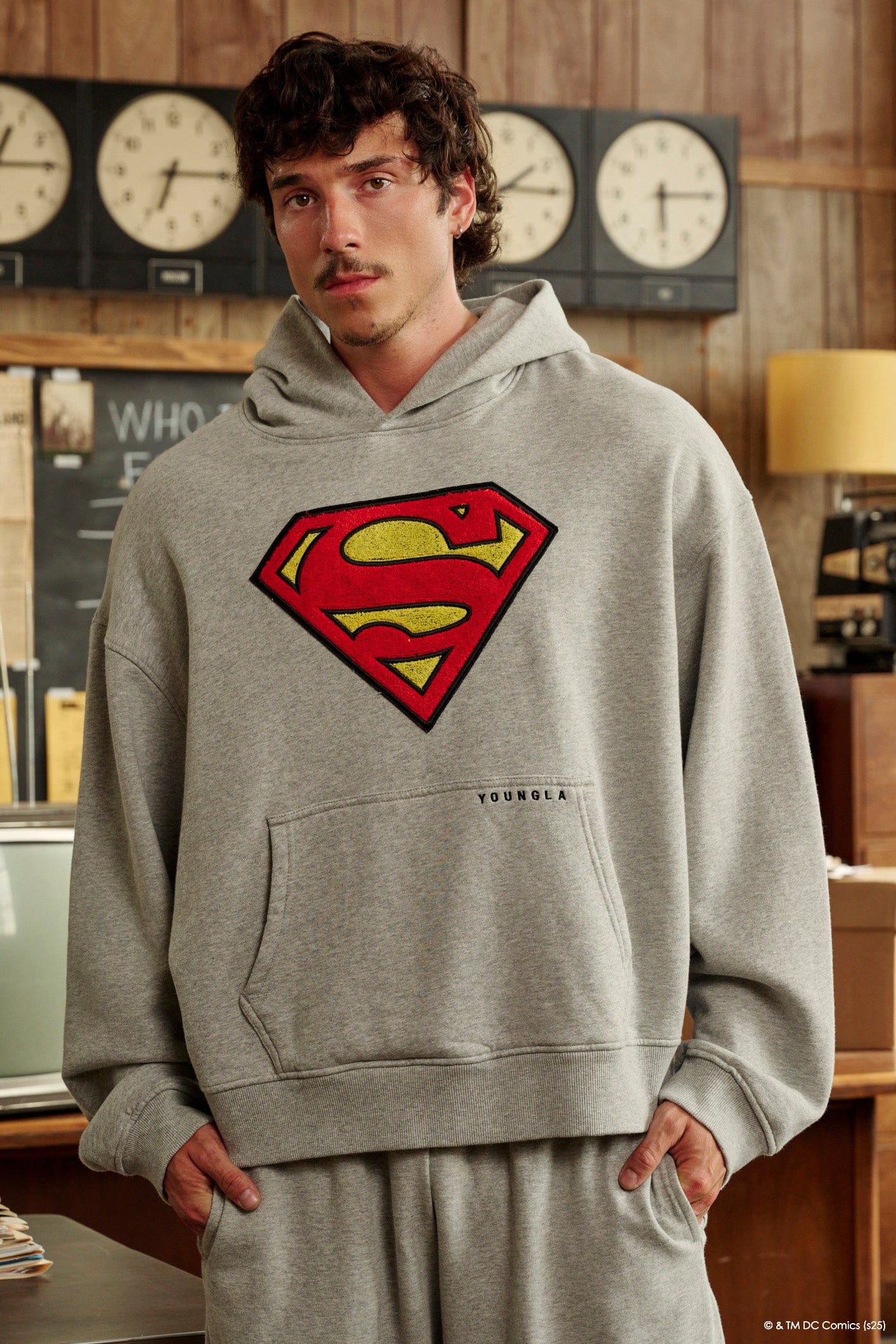 Close-up of the chenille patch on the Superman Legacy hoodie.
