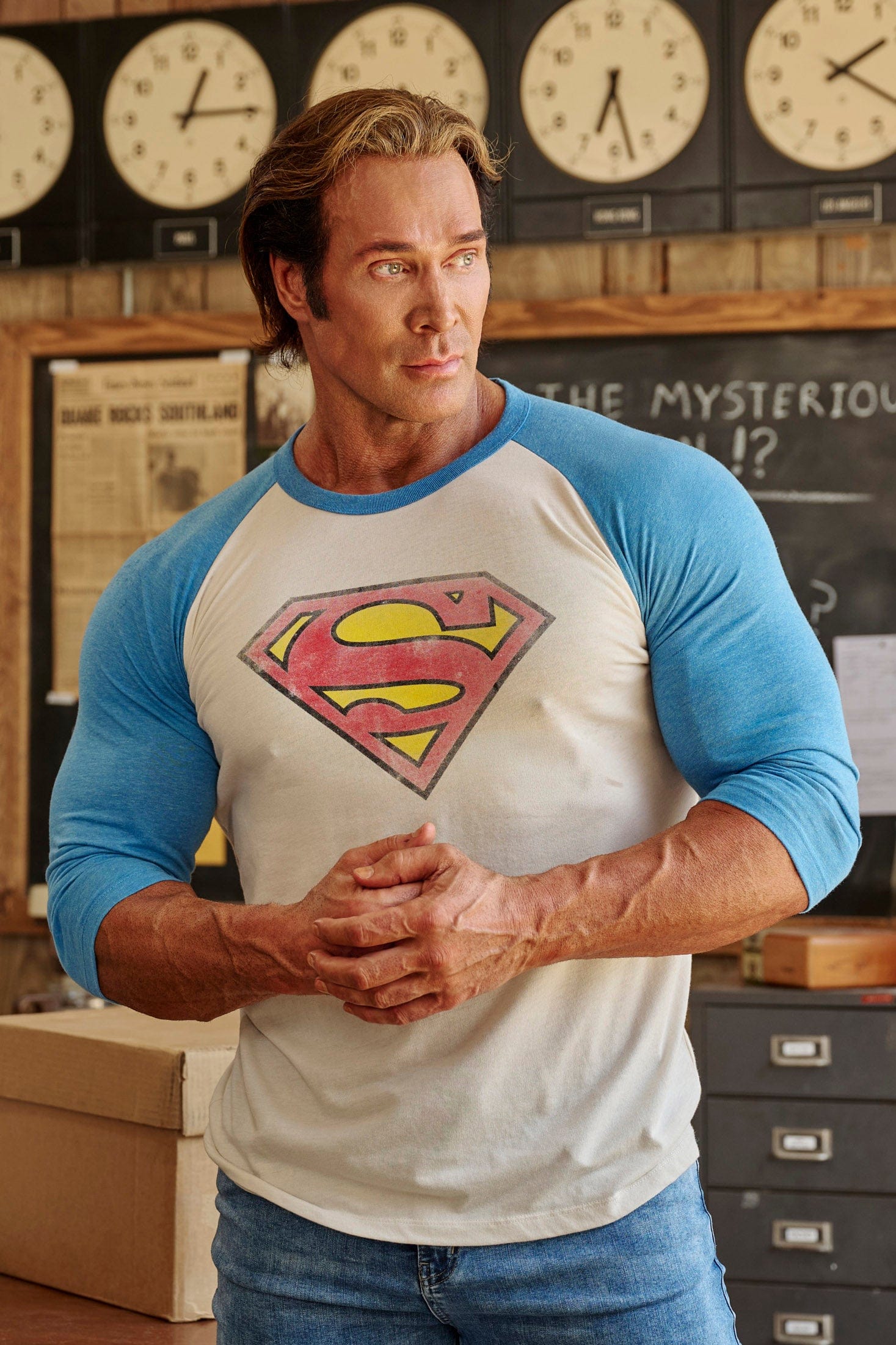 Front view of a vintage Superman raglan t-shirt with contrast sleeves.