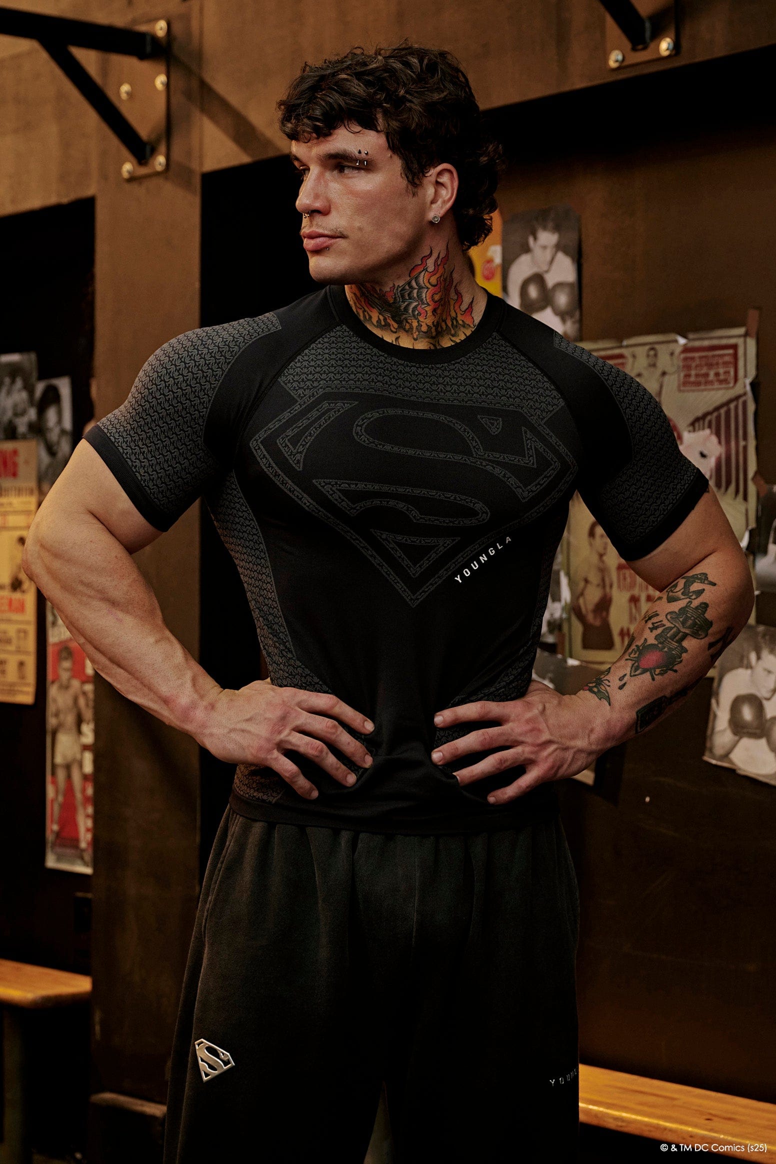 Close-up of the Superman compression shirt’s jacquard pattern and stitching.