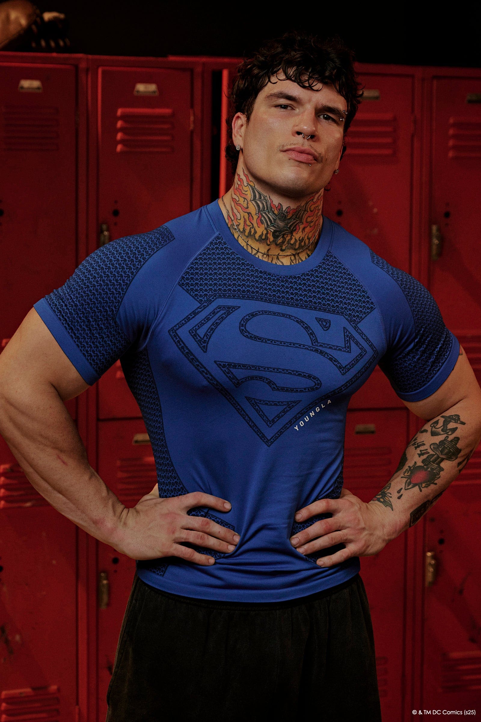 Close-up of the Superman compression shirt’s jacquard pattern and stitching.