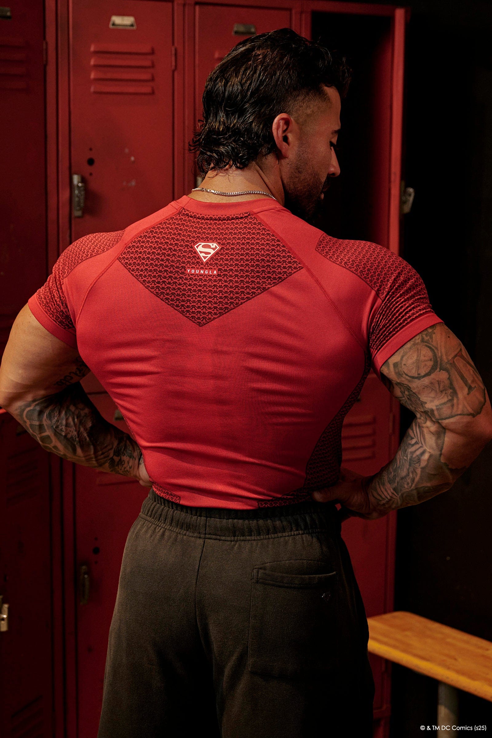 Back view of the Superman compression t-shirt, showing full graphic design.