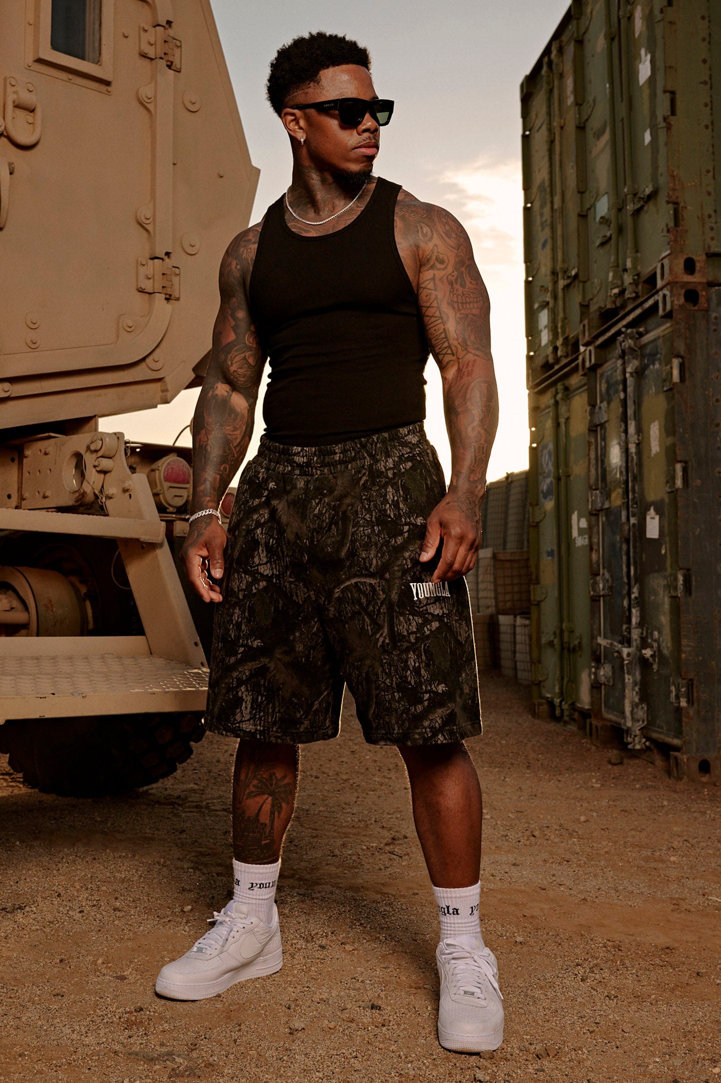 Model wearing Heritage baggy shorts with a casual top, highlighting the comfortable cotton fabric