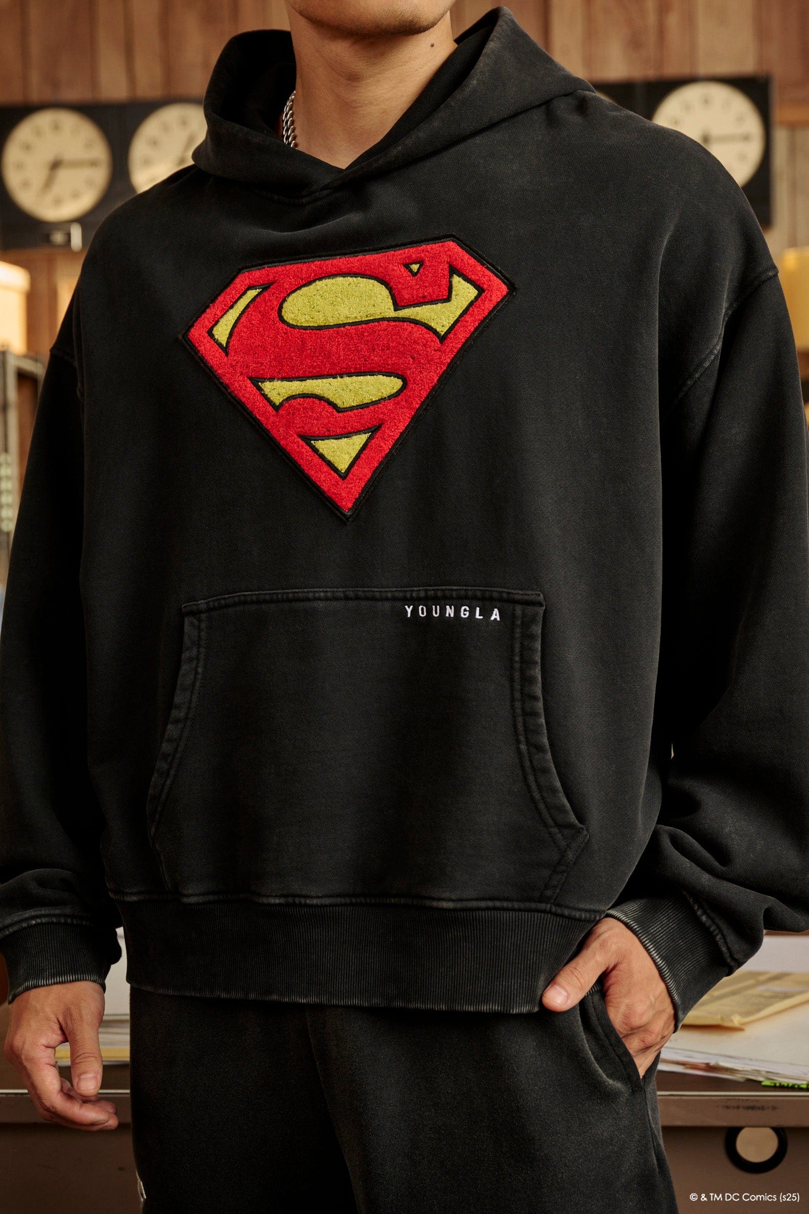 Close-up of the chenille patch on the Superman Legacy hoodie.