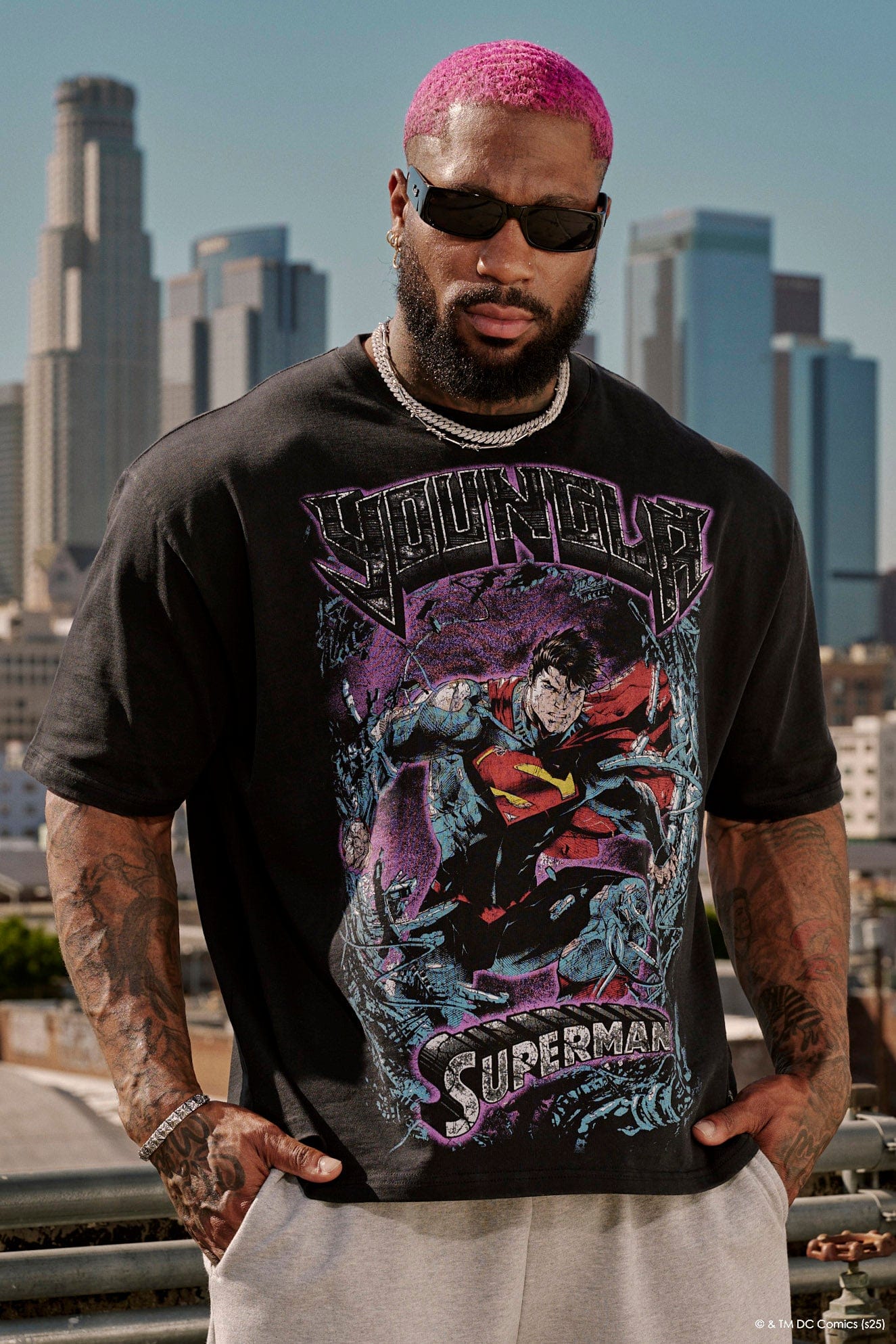 Close-up of the unique Superman design on the vintage graphic tee.