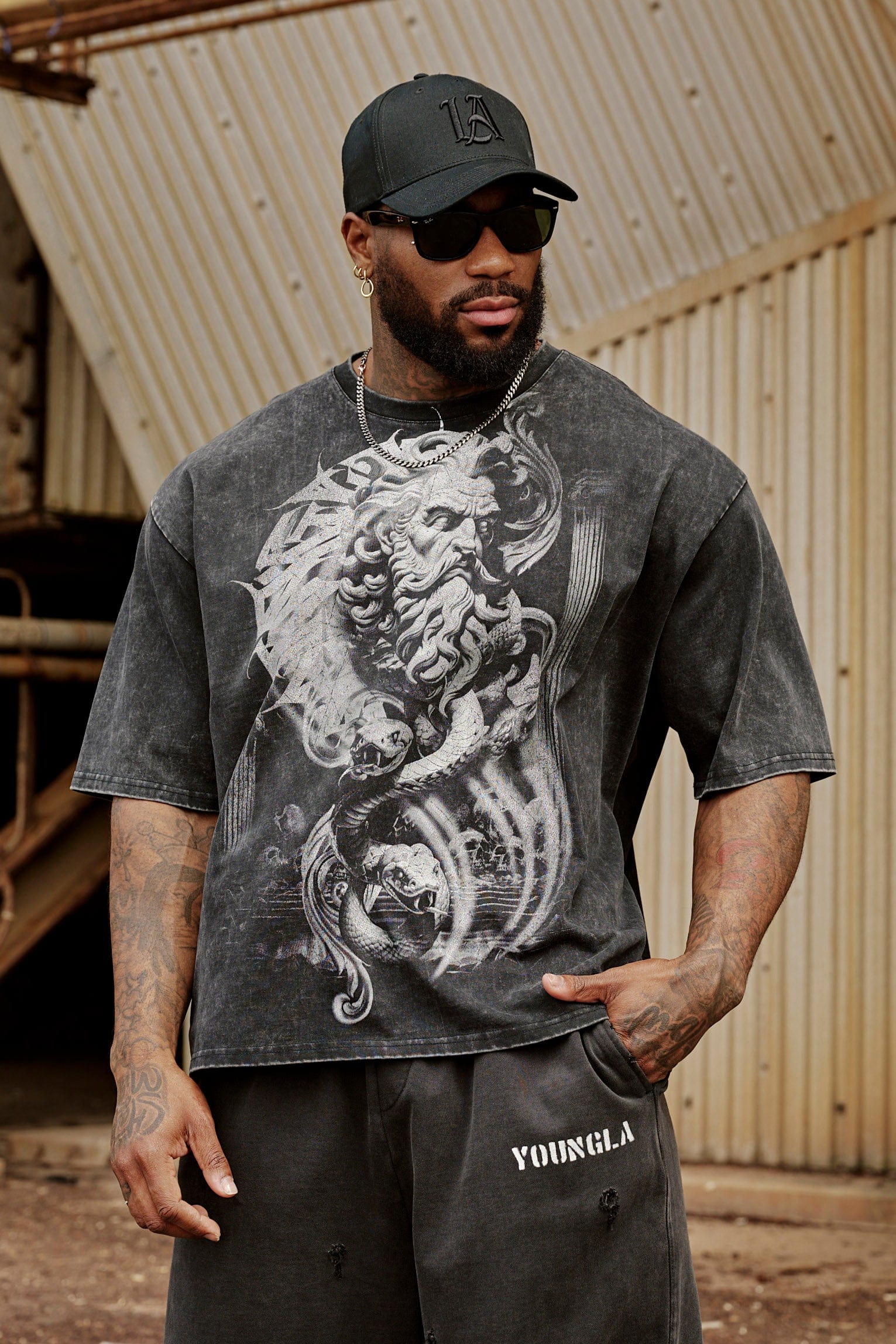Close-up of vintage wash detailing on mythology graphic tee