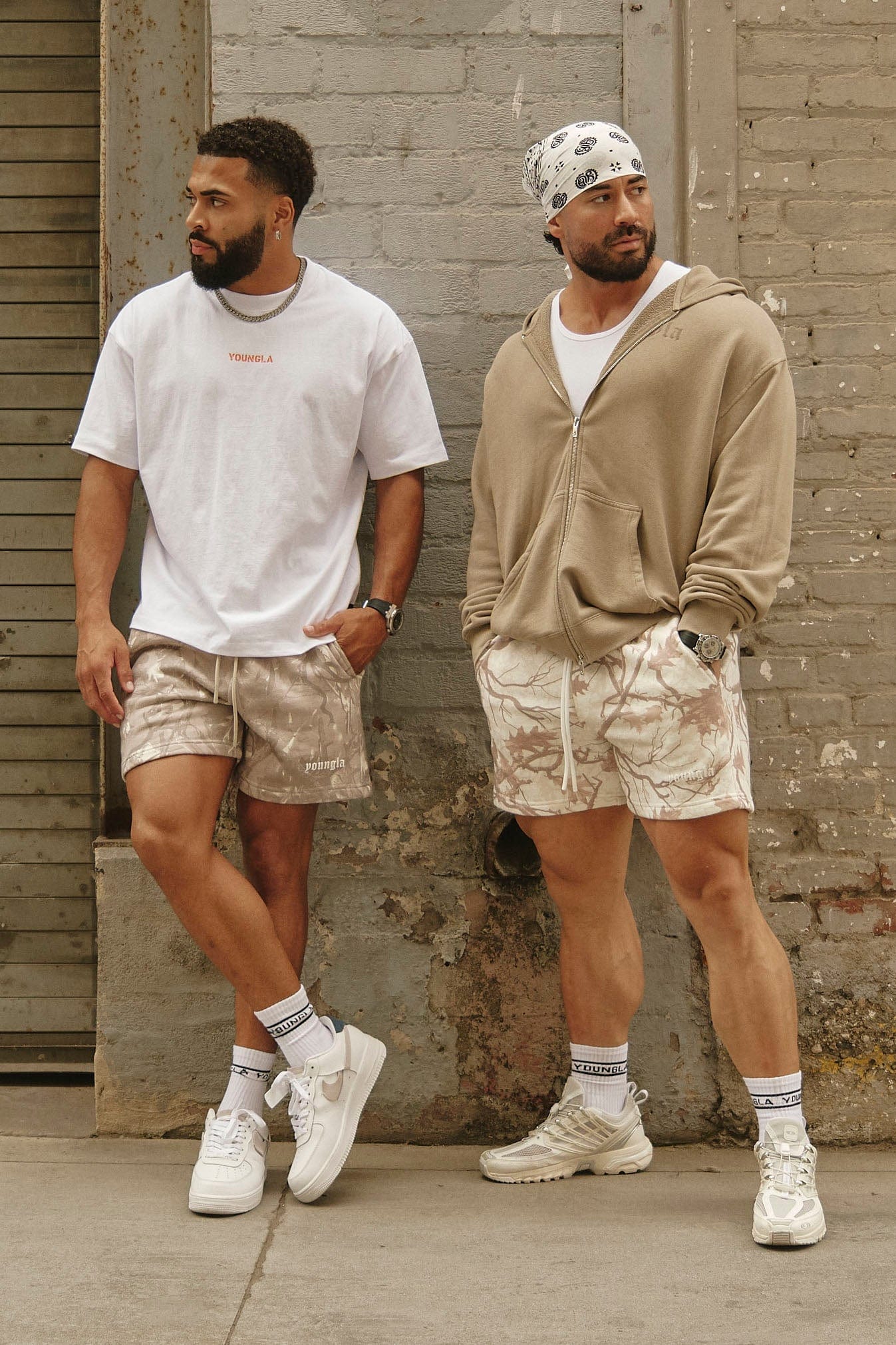 Close-up of cargo pockets and camo pattern on shorts.