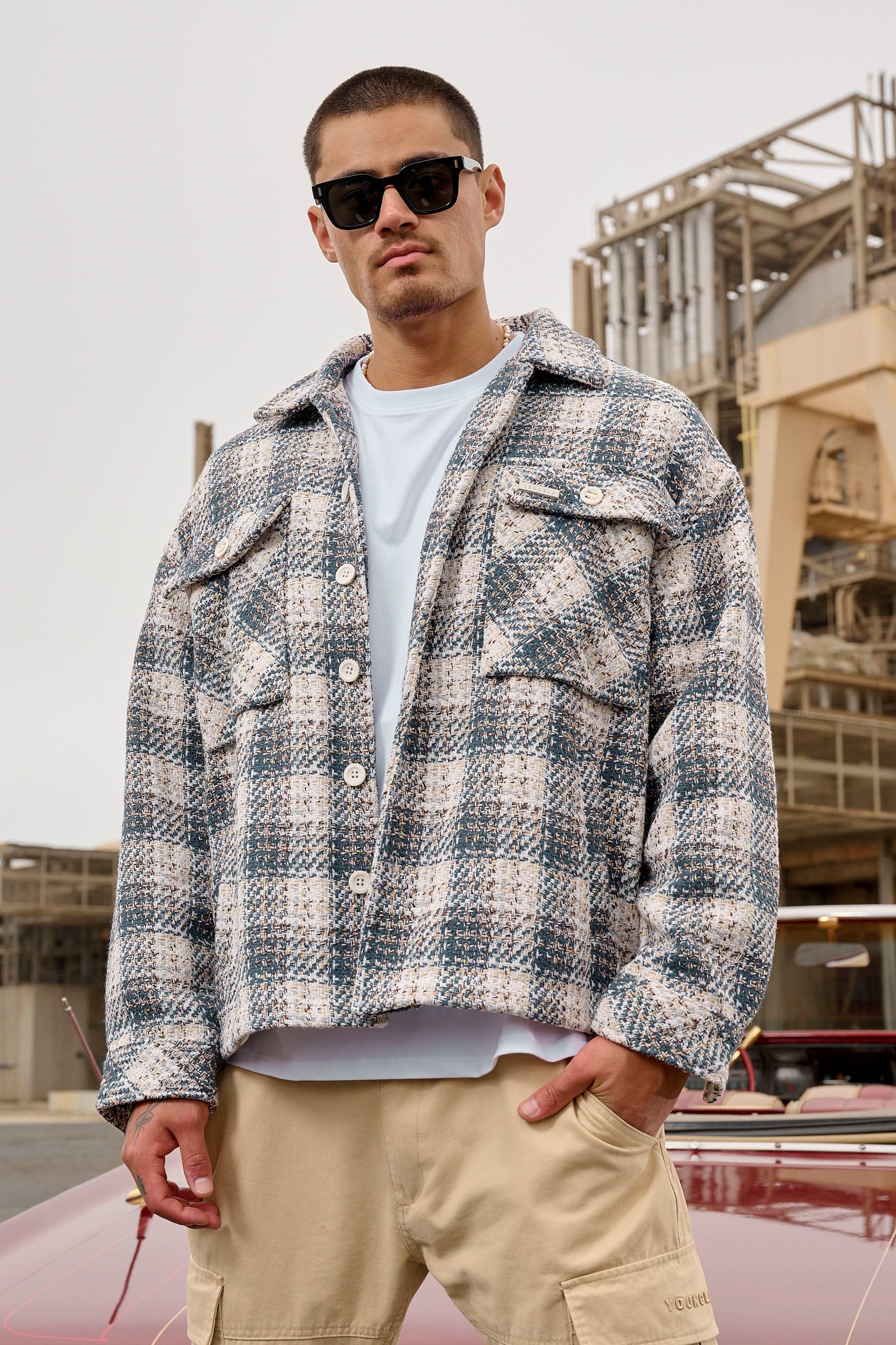 Model wearing the jacket with jeans for a casual look