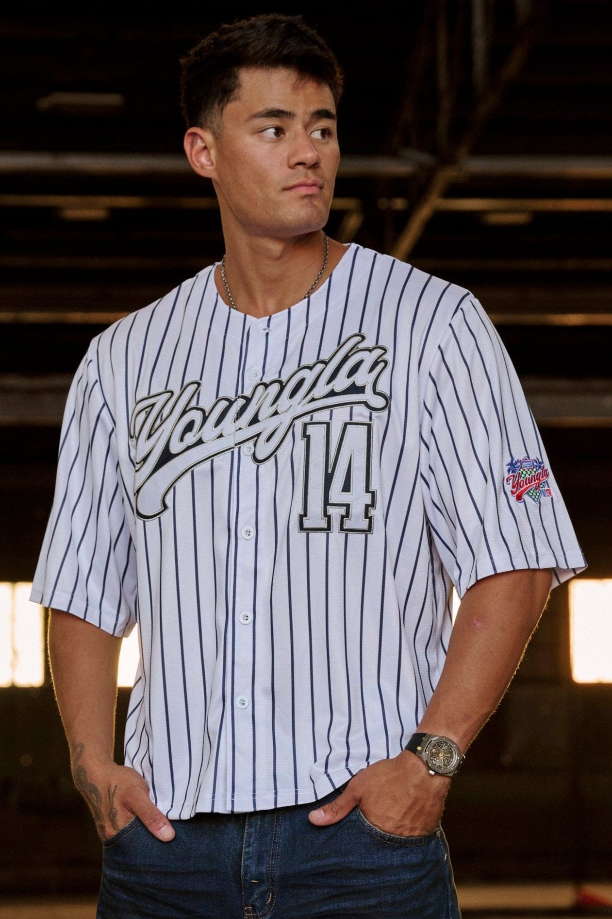 Front view of Grand Slam Classic Baseball Jersey with Youngla branding.