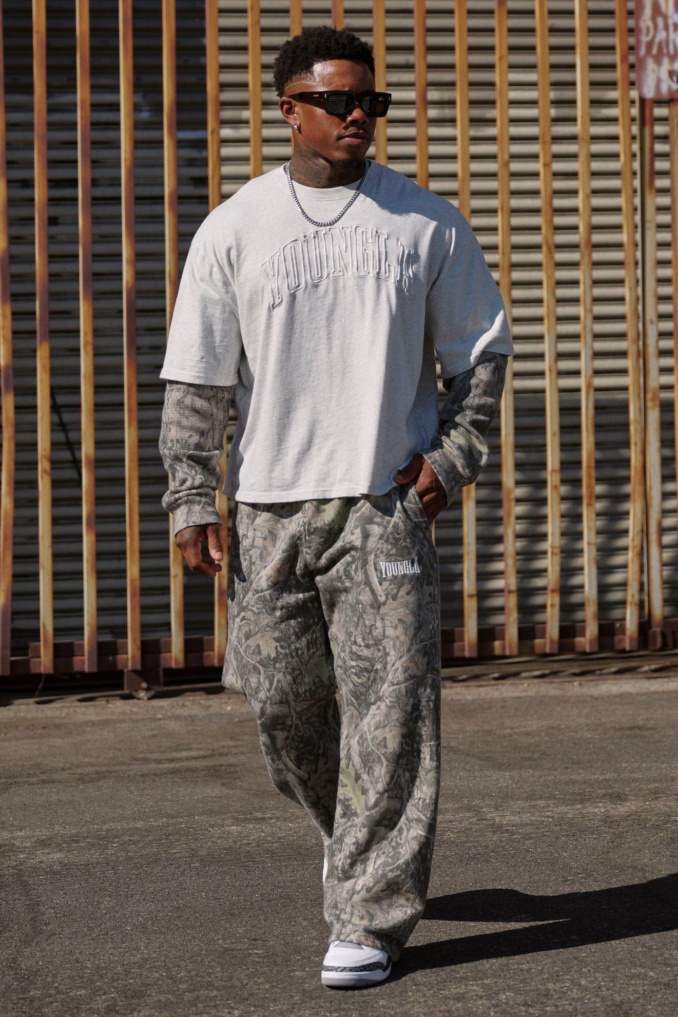 Rear view showing the relaxed fit of these comfortable sweatpants.