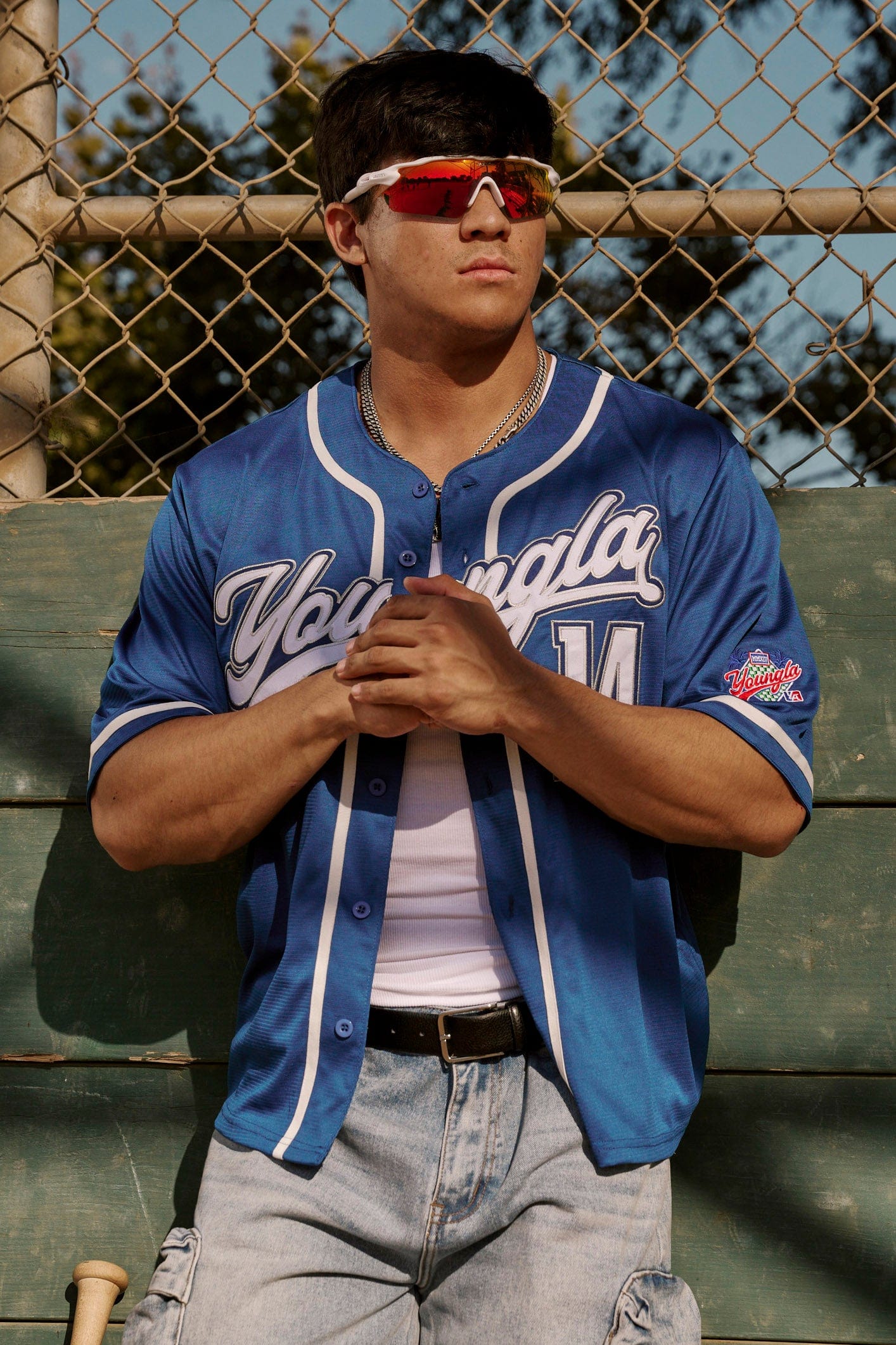 Back view of the baseball jersey highlighting the varsity number 14.