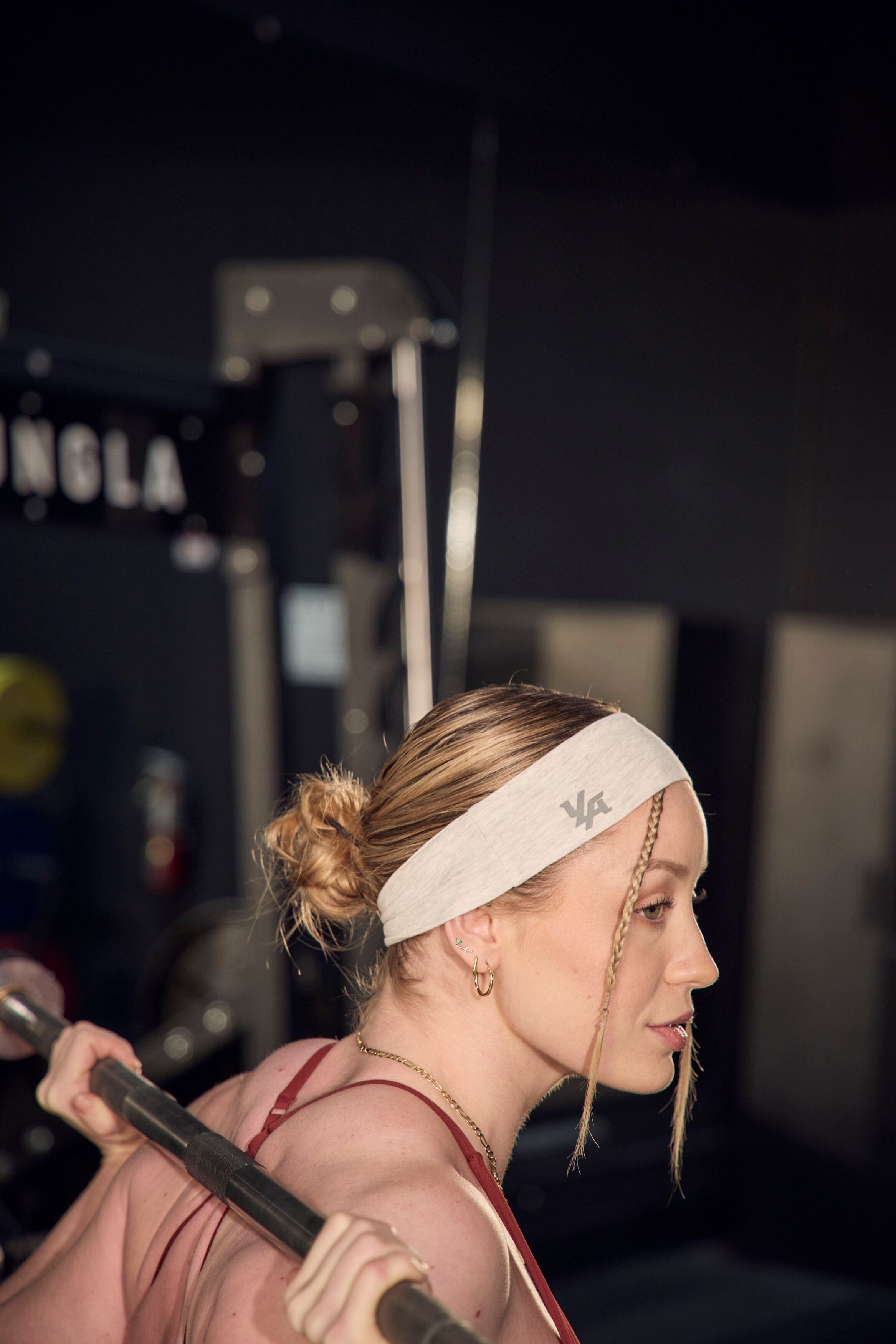 Close-up of a soft, stretchy headband on a models head