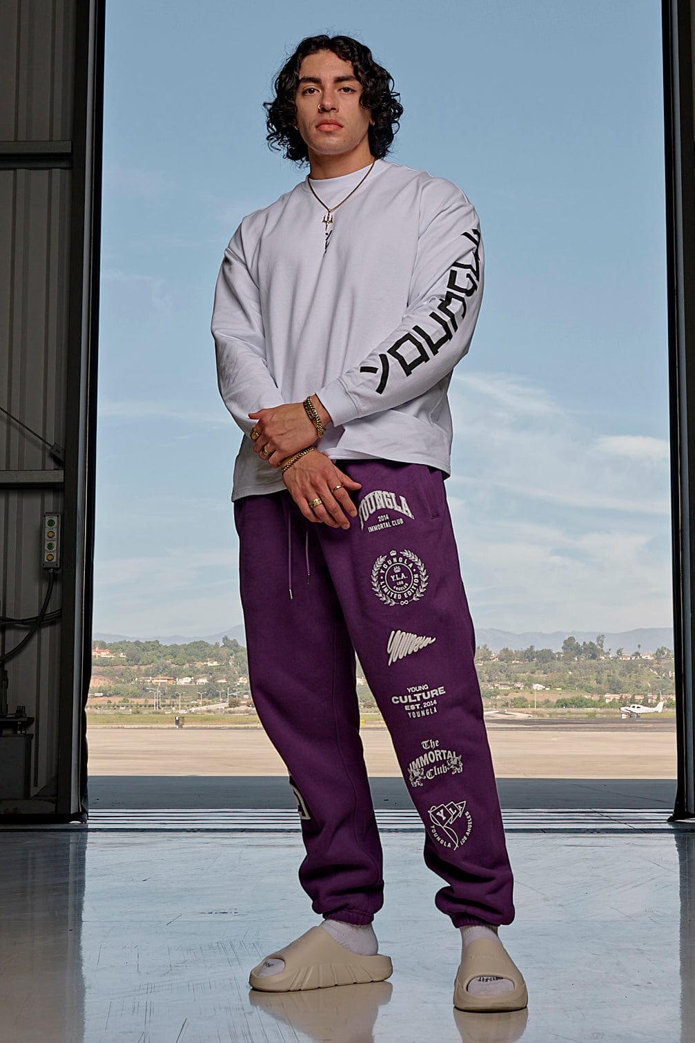 Front view of Immortal Killer Joggers with puff printed graphic for streetwear style
