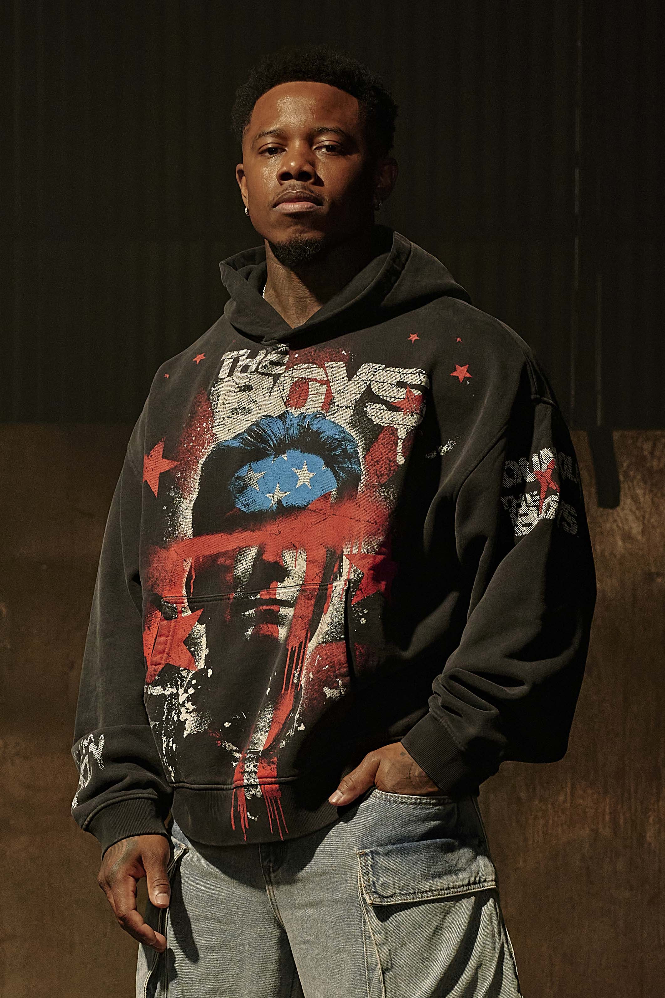 Front view of the oversized graphic hoodie highlighting its bold design.