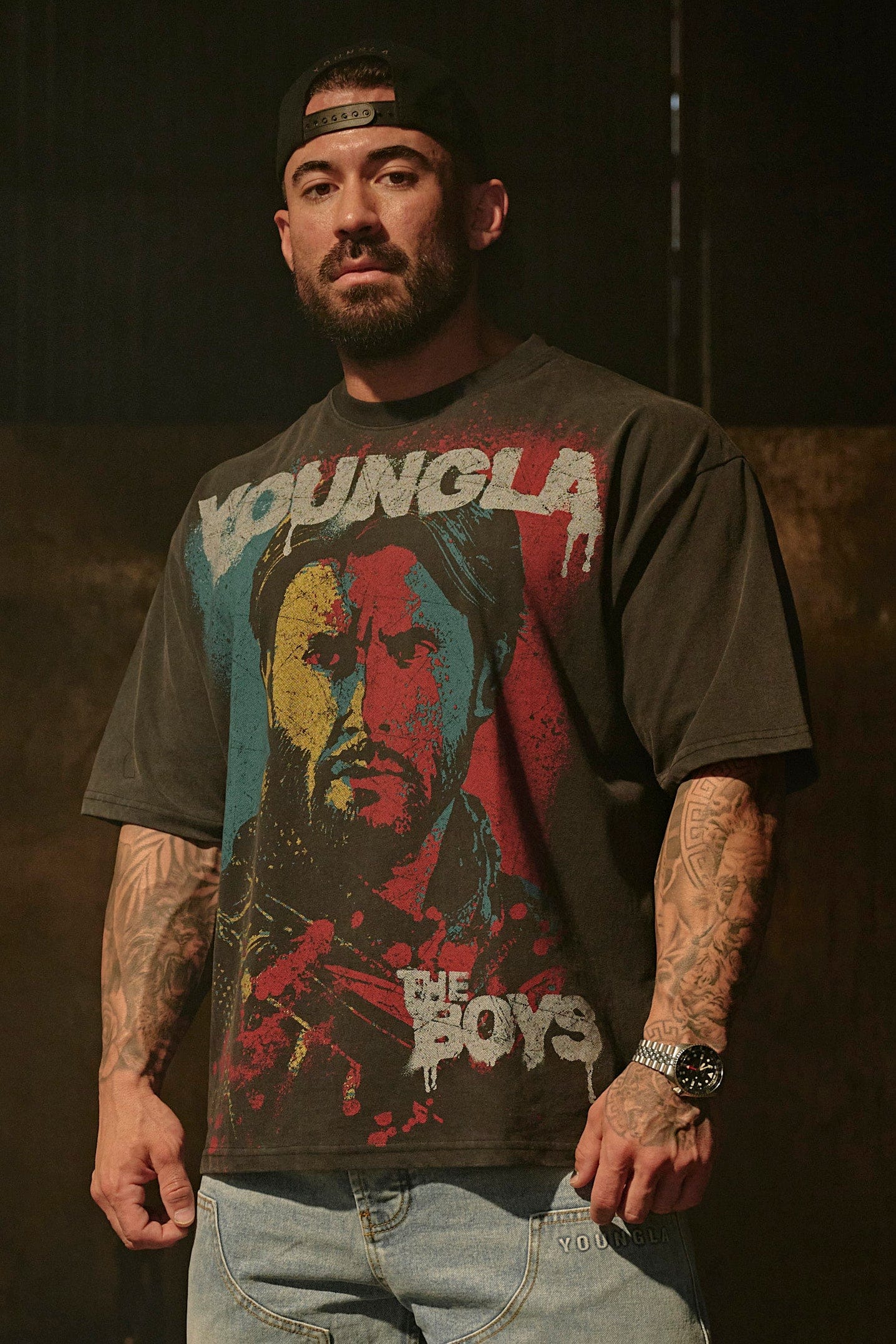 Close-up of The Boys tees artwork on premium cotton fabric