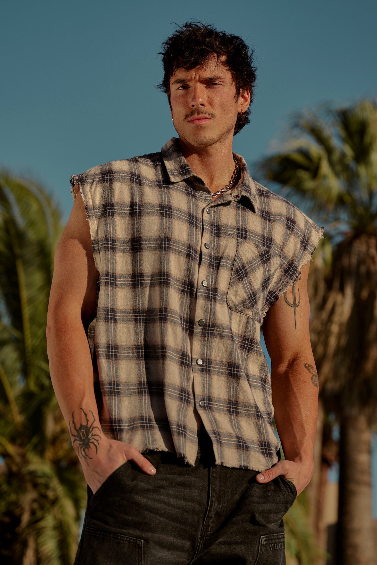 Front view of vintage-inspired flannel shirt jacket on model