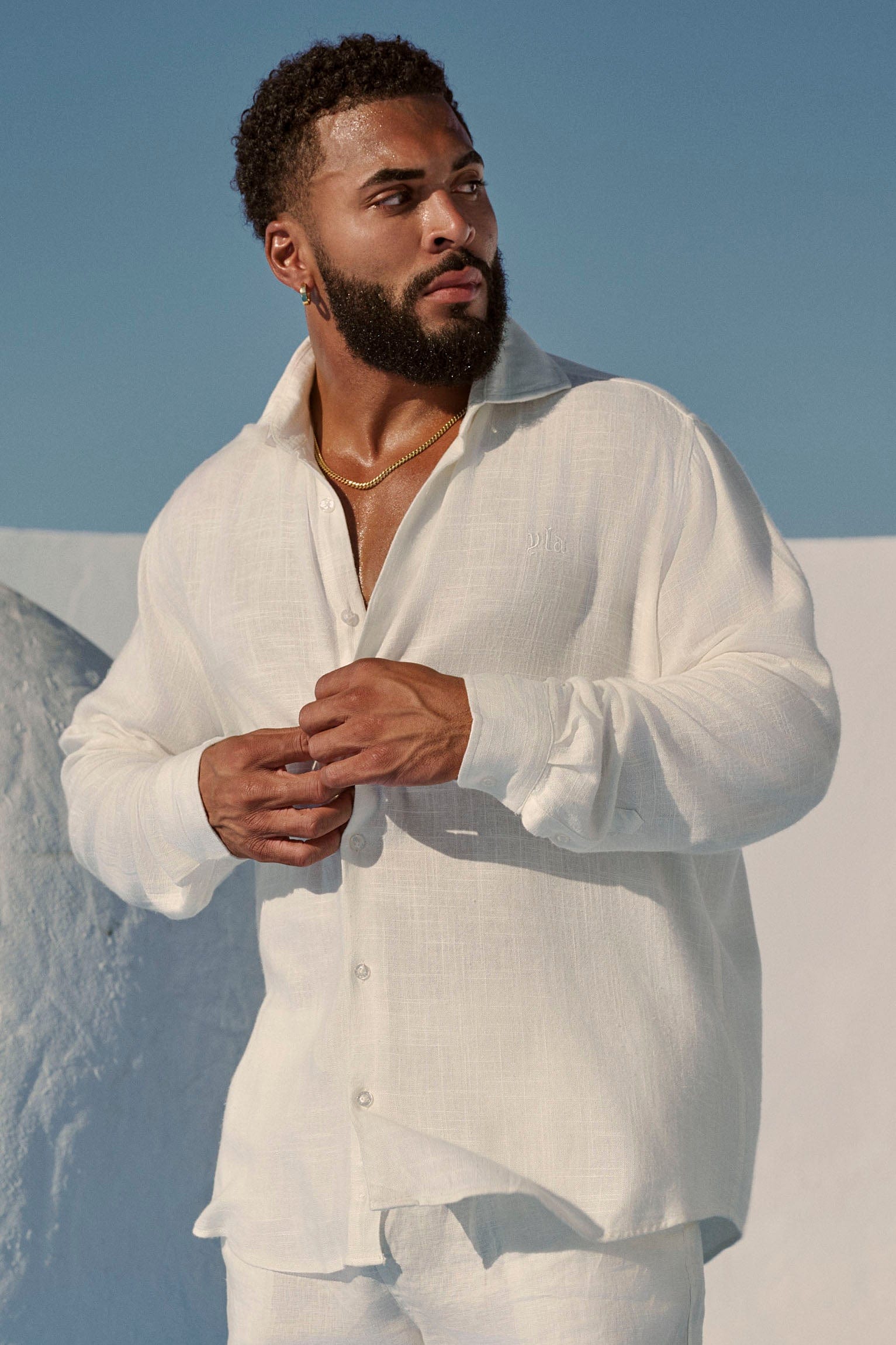 Close-up of linen button down shirt showing textured fabric detail