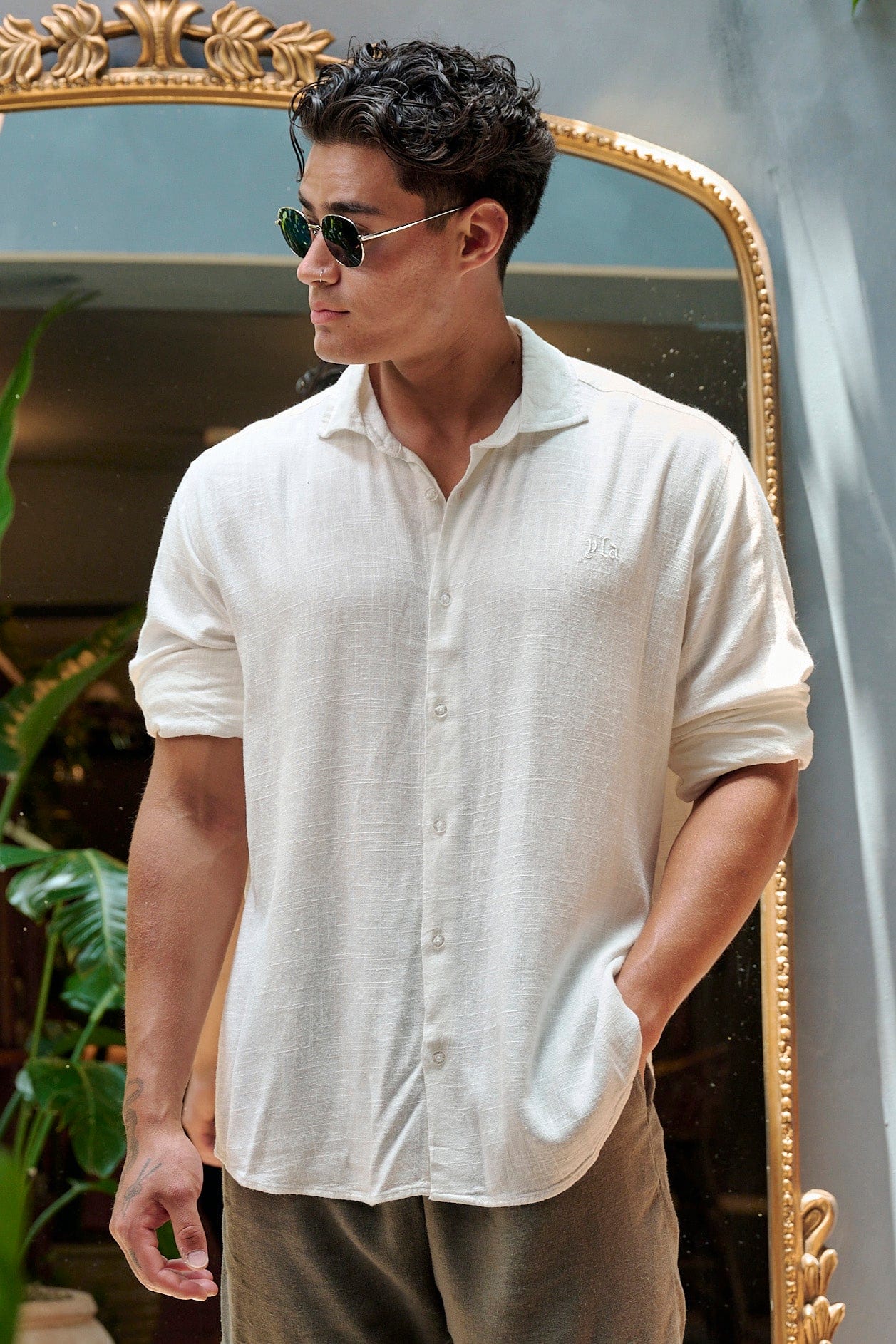 Close-up of linen button down shirt showing textured fabric detail