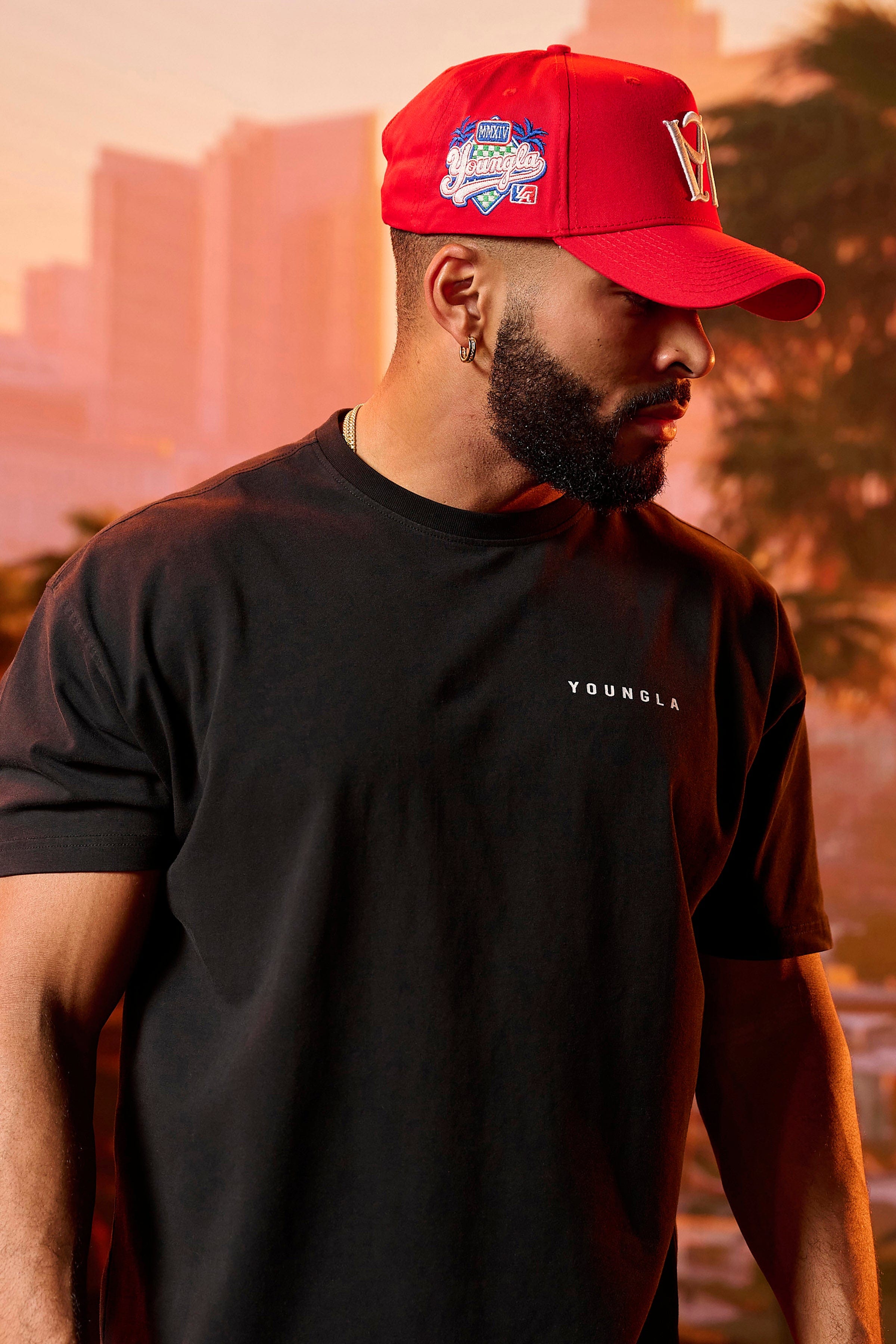 Side angle of the LA Reversed snapback hat, highlighting its A-frame design.