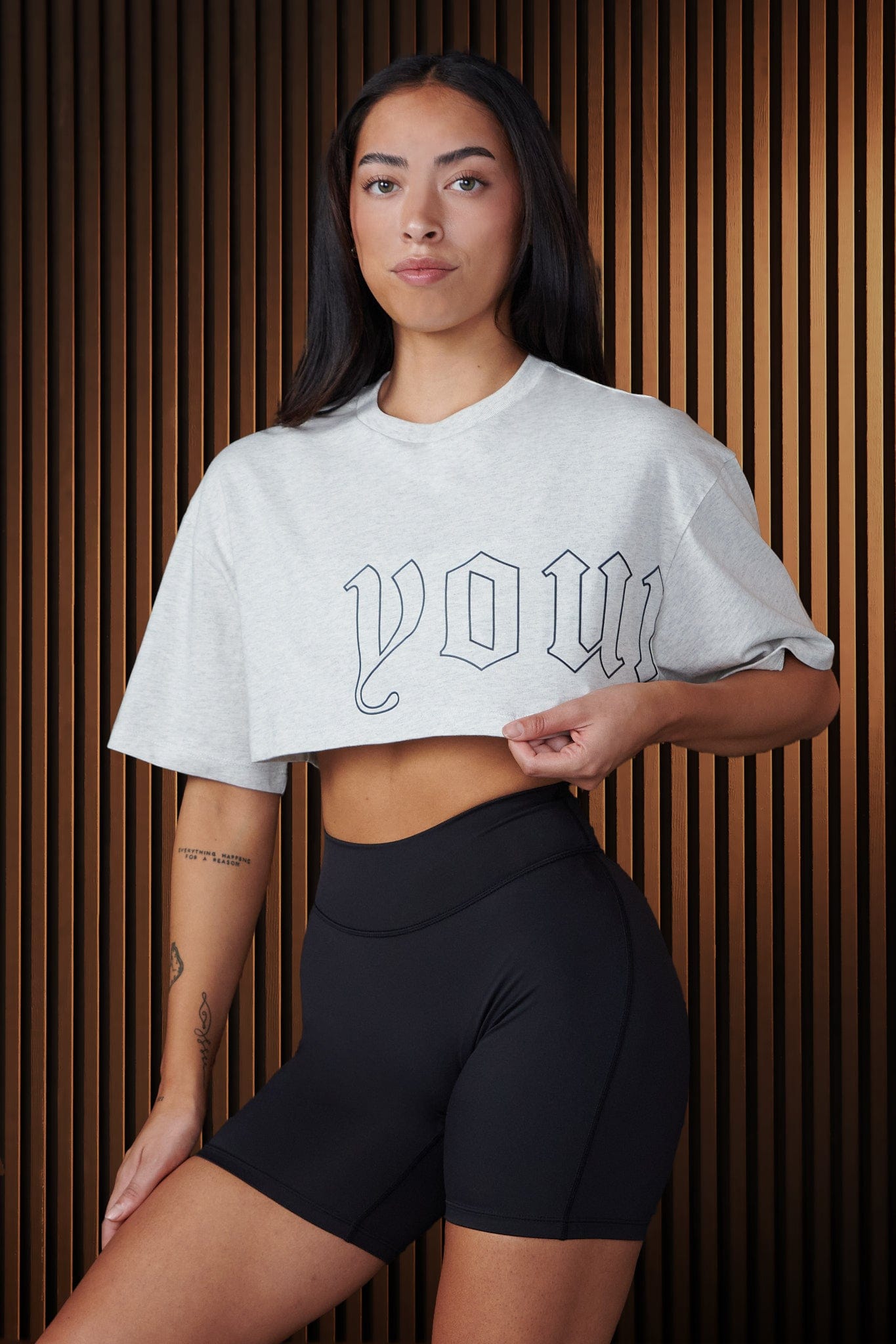 Front view of the Urban Vibe Boxy Cropped Tee in a casual setting.