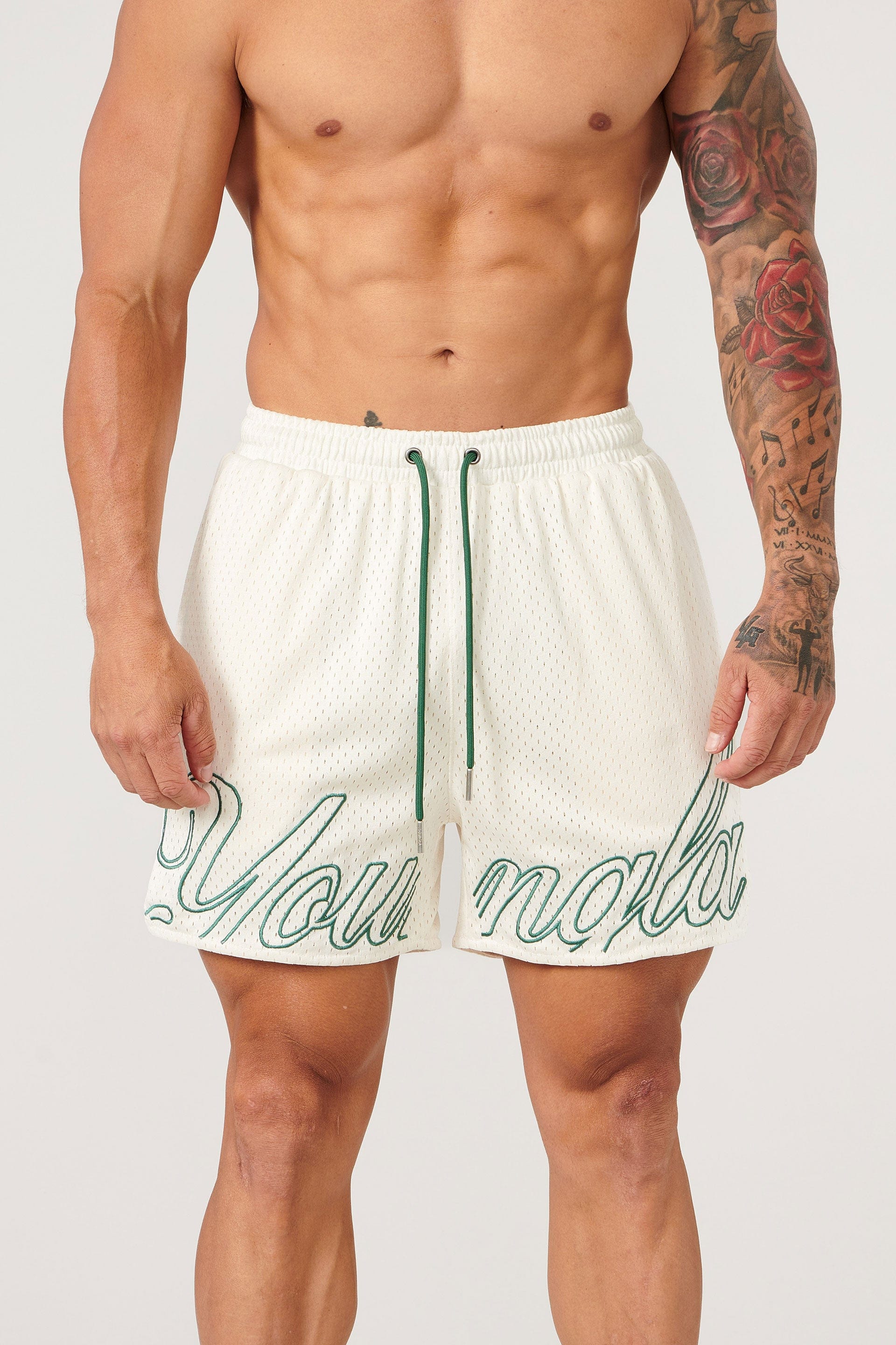 Close-up of mesh fabric texture on championship shorts
