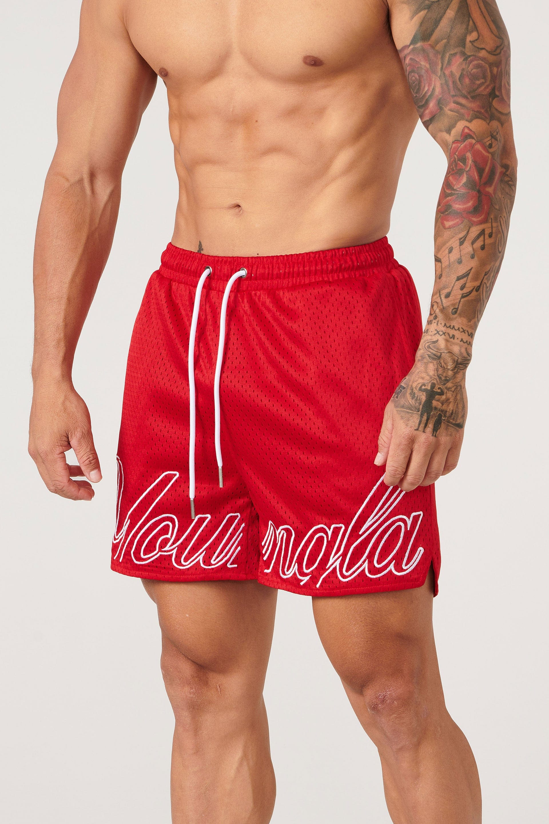 Close-up of mesh fabric texture on championship shorts
