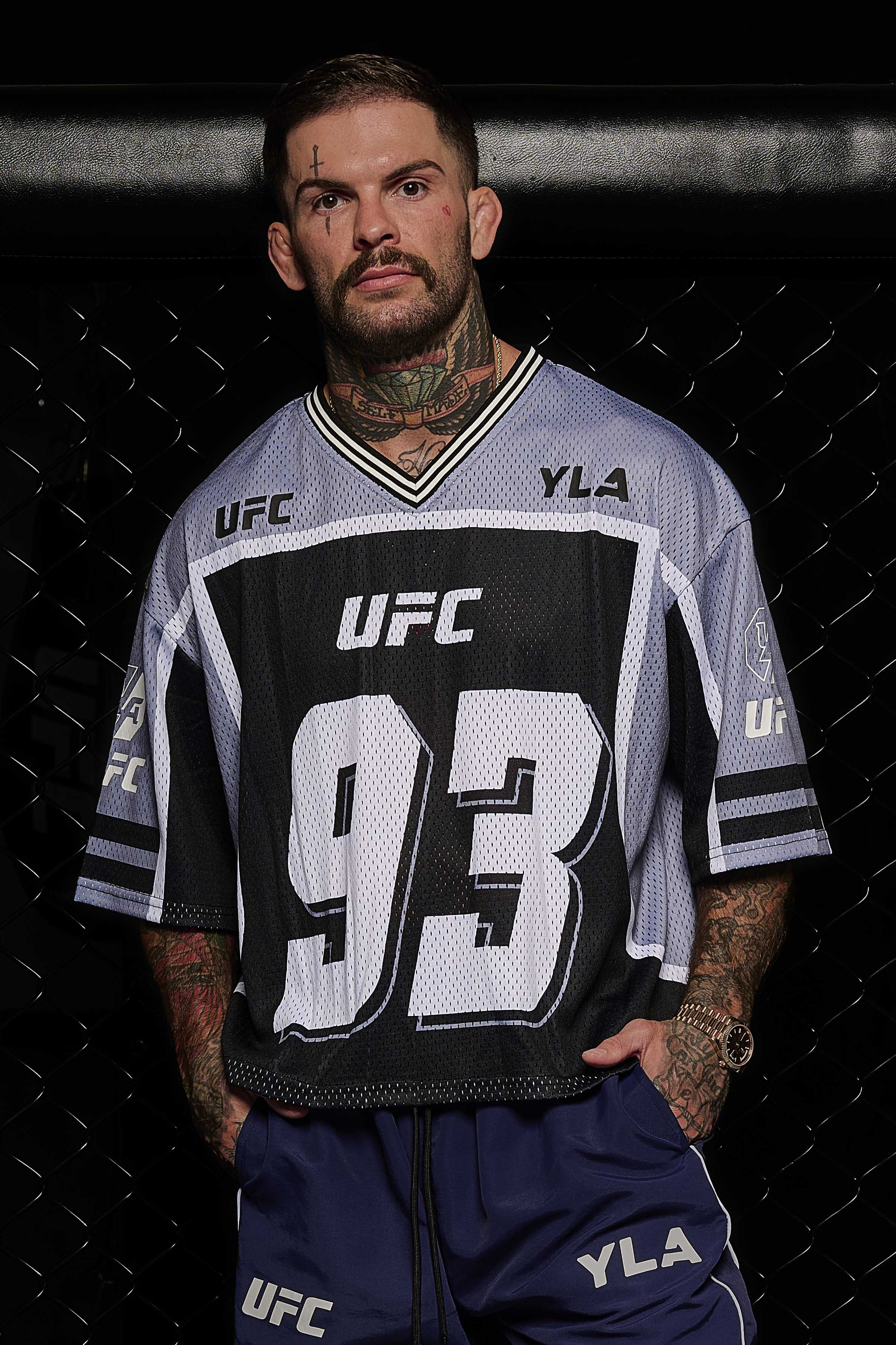 Front view of UFC x YoungLA athletic jersey on a model, showcasing its breathable mesh fabric.