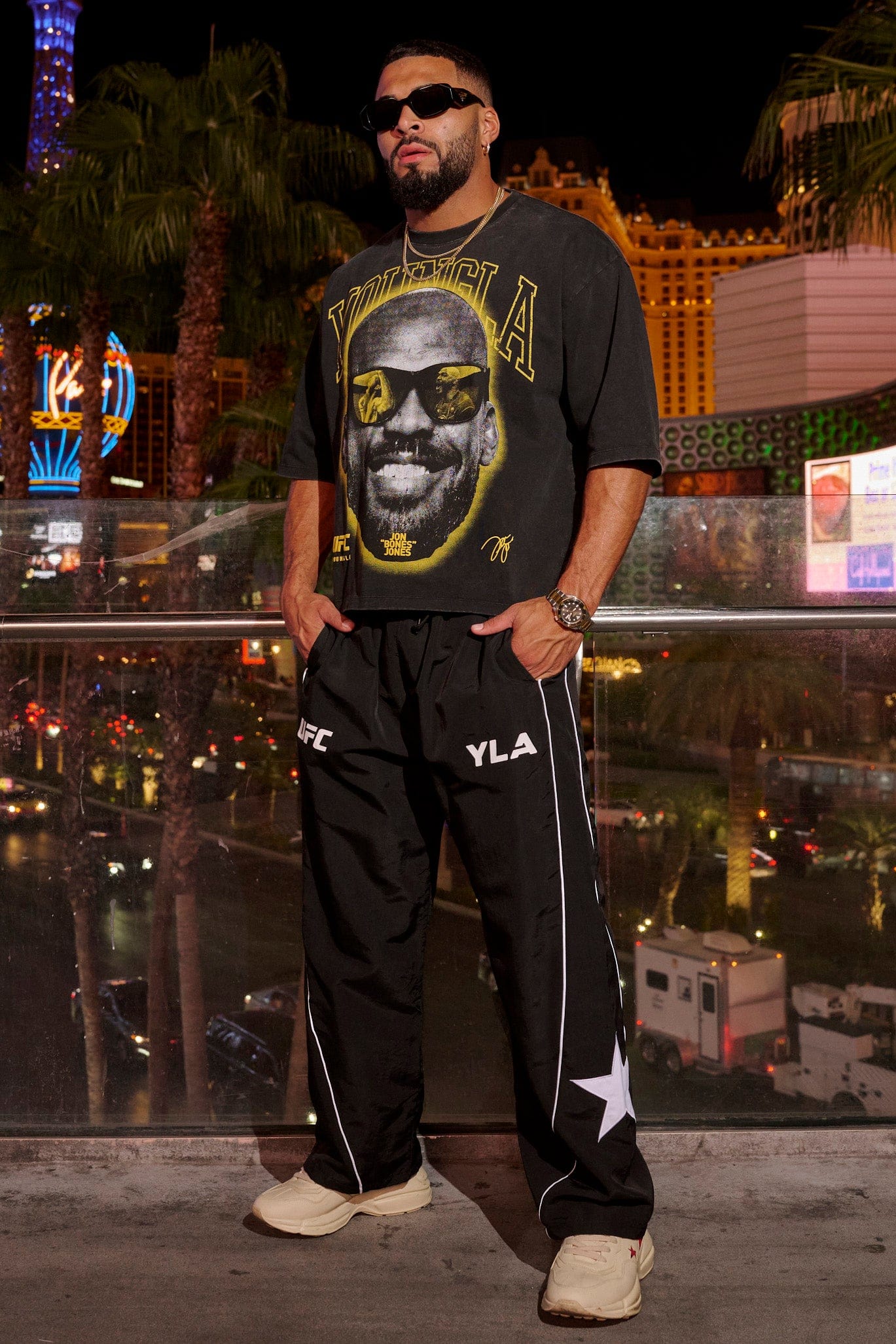 Model wearing YoungLA x UFC pants during a training session