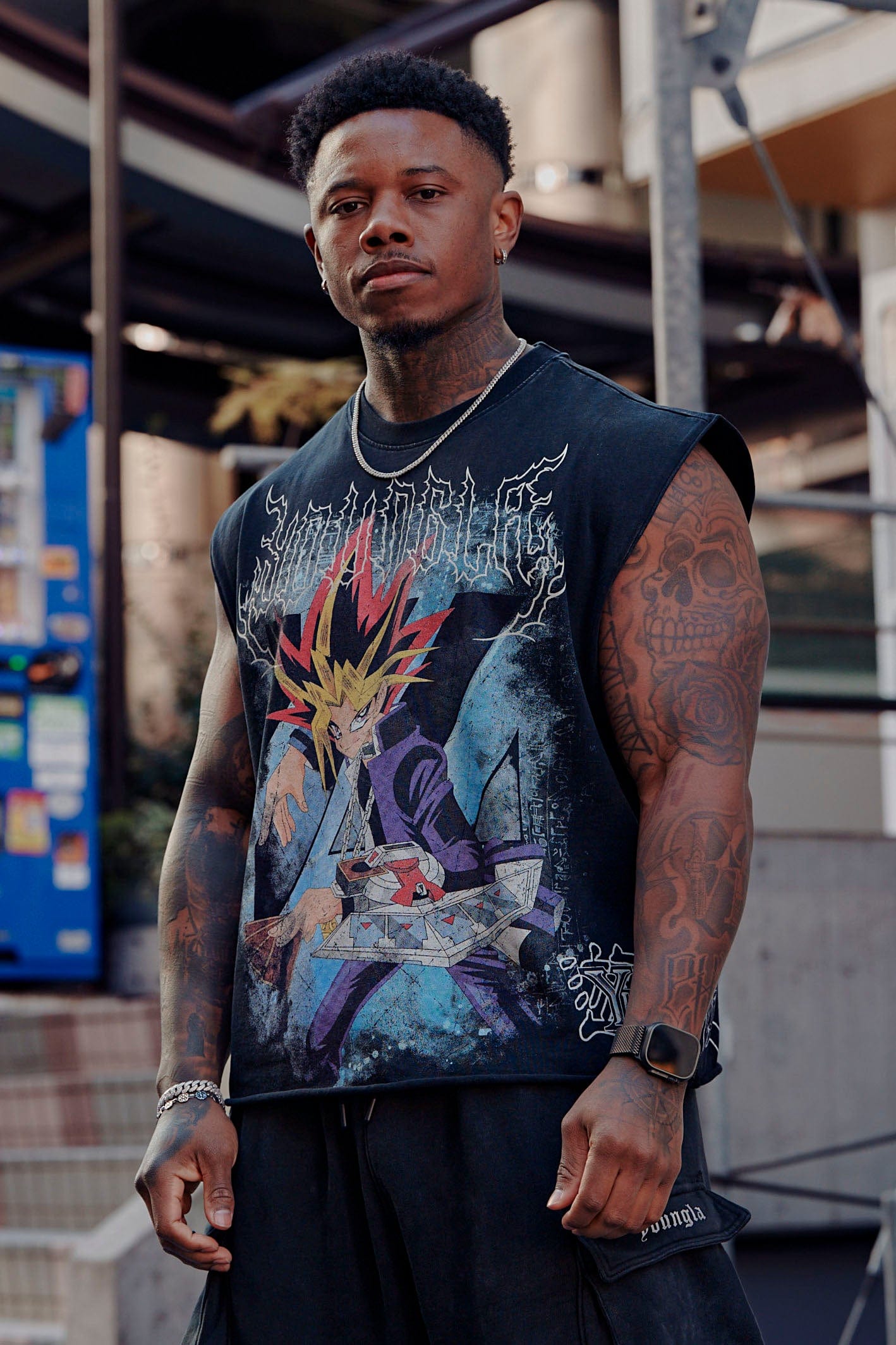 Close-up of Yu-Gi-Oh! vintage graphic on cut-off shirt