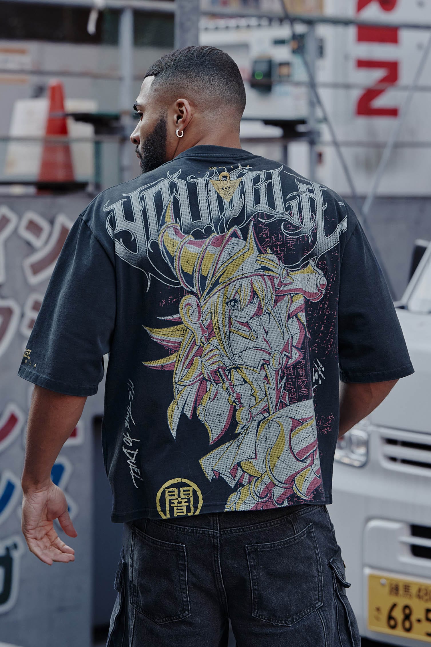 Model wearing the vintage t shirt, demonstrating its relaxed fit and style.