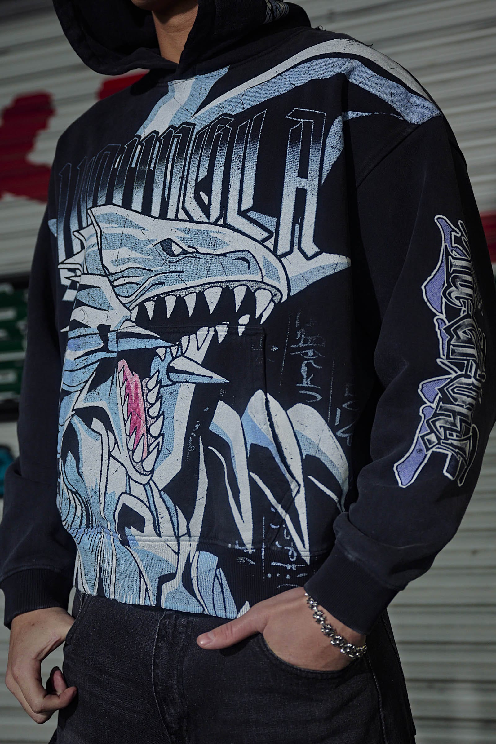 Front view of oversized Yu-Gi-Oh! hoodie with character print.