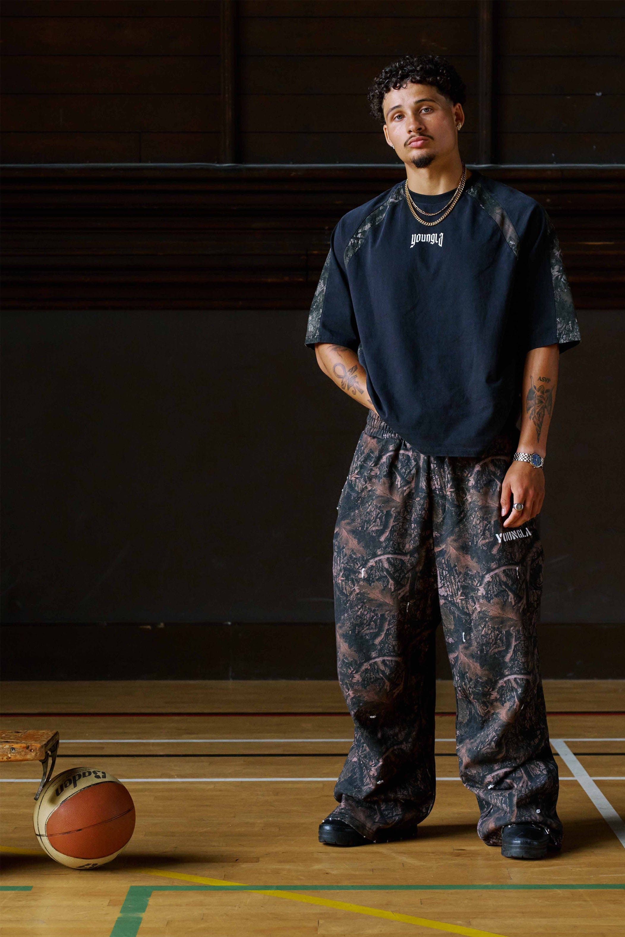 Front view of Urban Edge Baggy Cotton Sweatpants in a streetwear outfit.