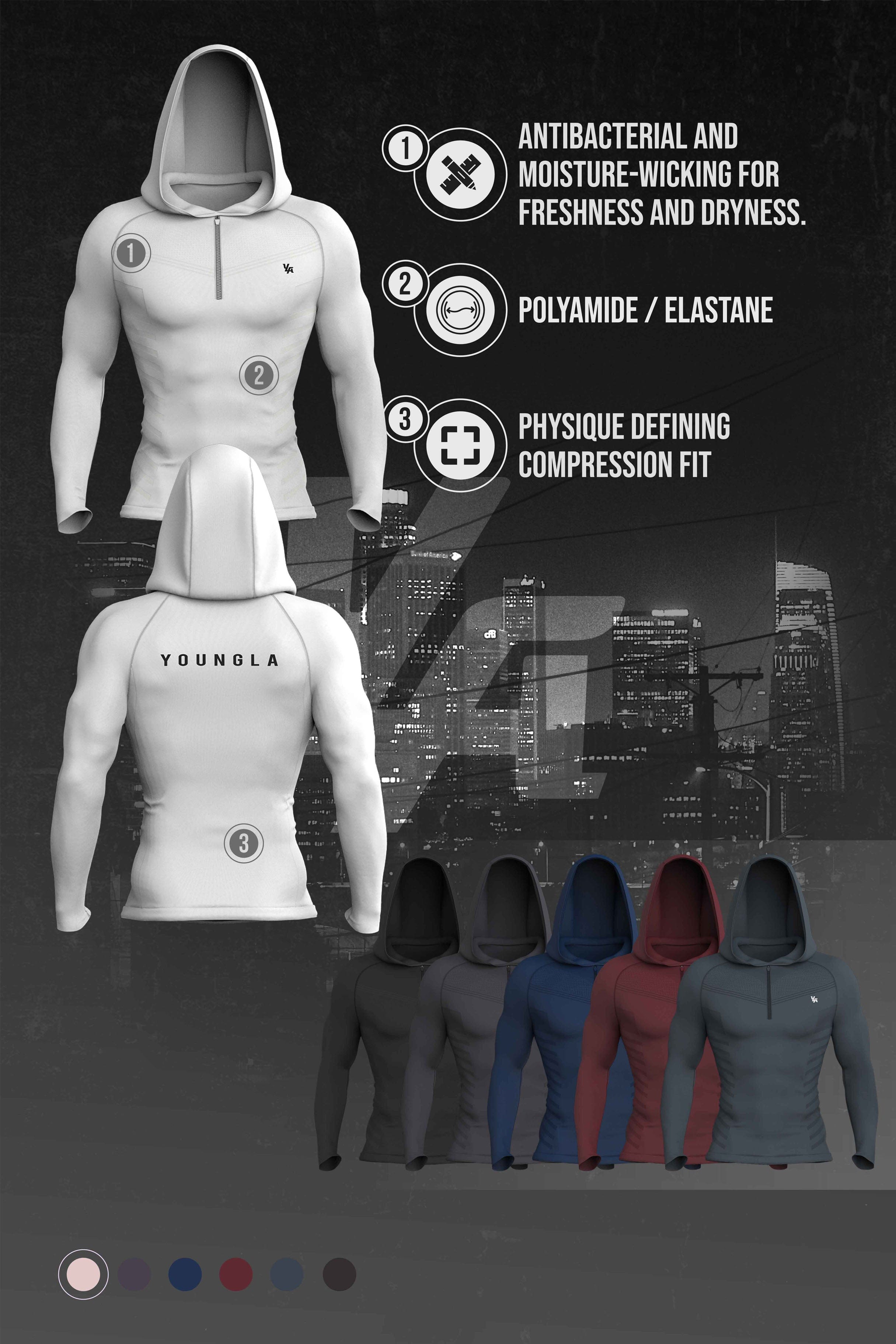 Side angle of compression hoodie emphasizing fit and fabric texture in gym lighting.