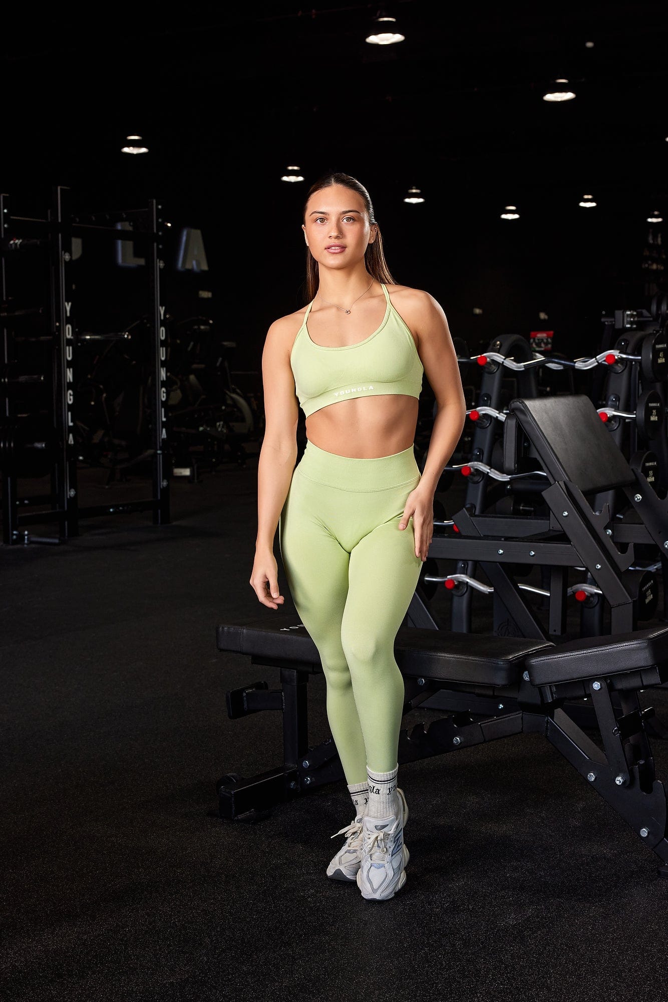 Model wearing thick, breathable seamless leggings with a high waist during exercise.